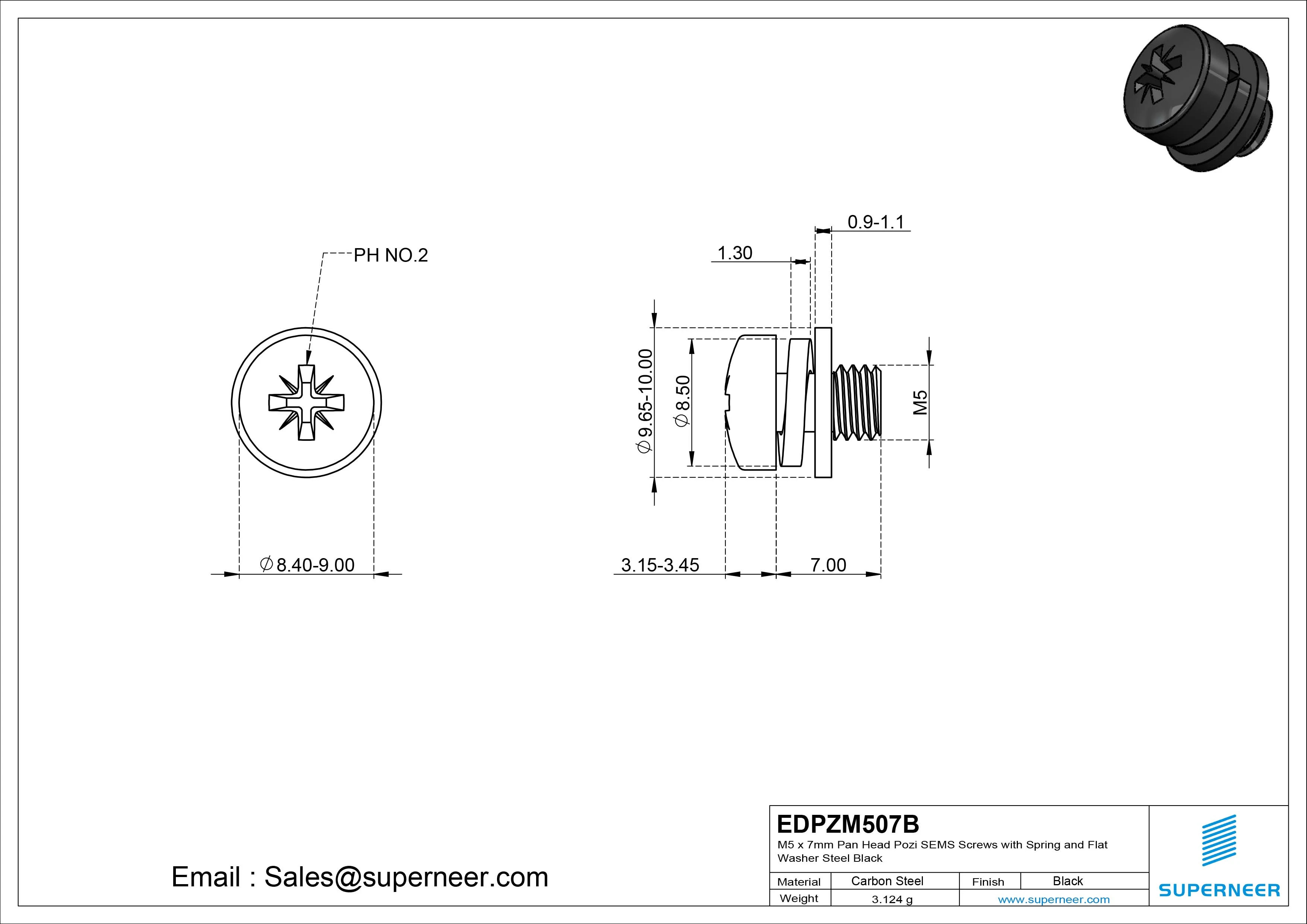 M5 x 7mm Pan Head Pozi SEMS Screws with Spring and Flat Washer Steel Black
