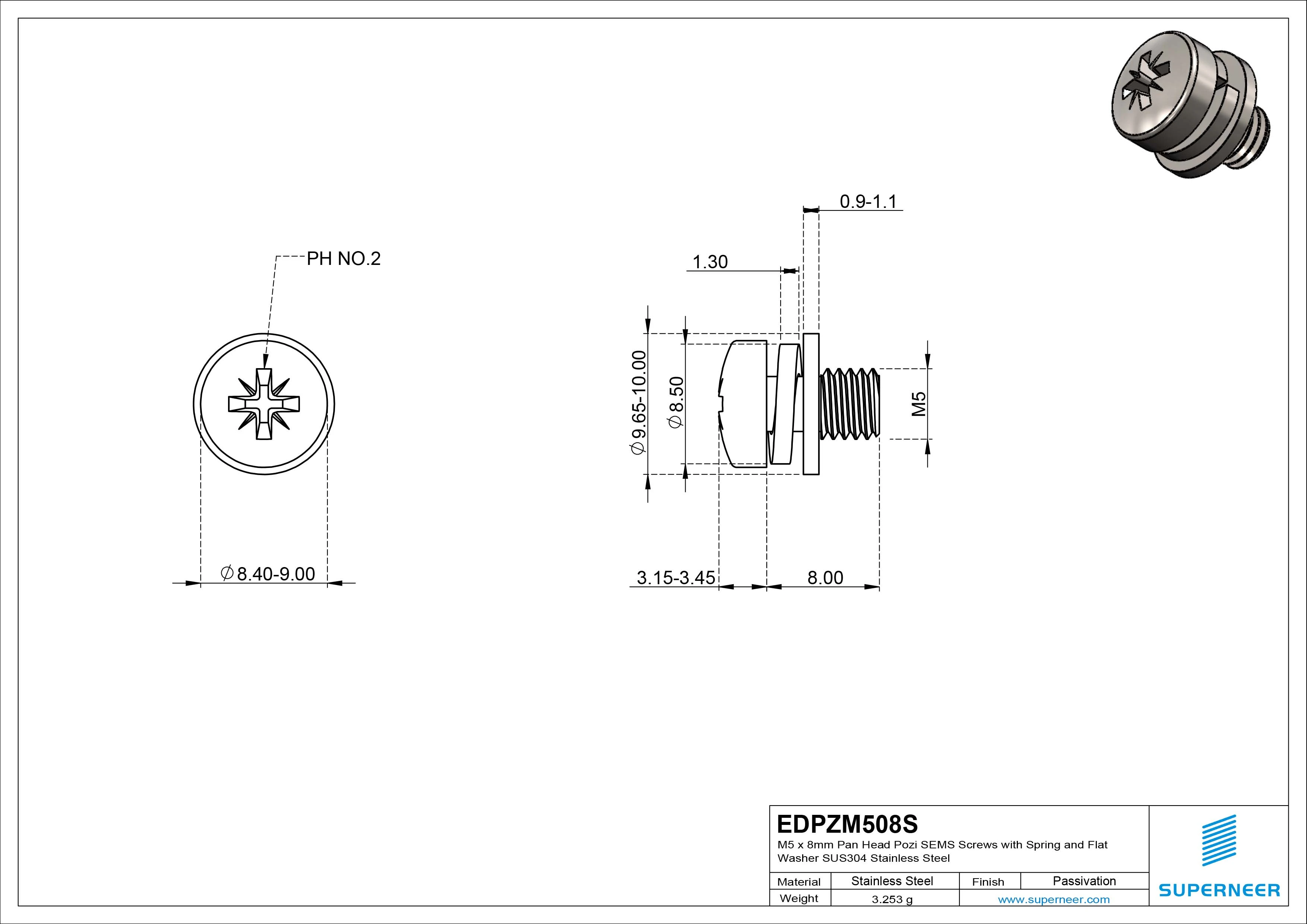 M5 x 8mm Pan Head Pozi SEMS Screws with Spring and Flat Washer SUS304 Stainless Steel Inox