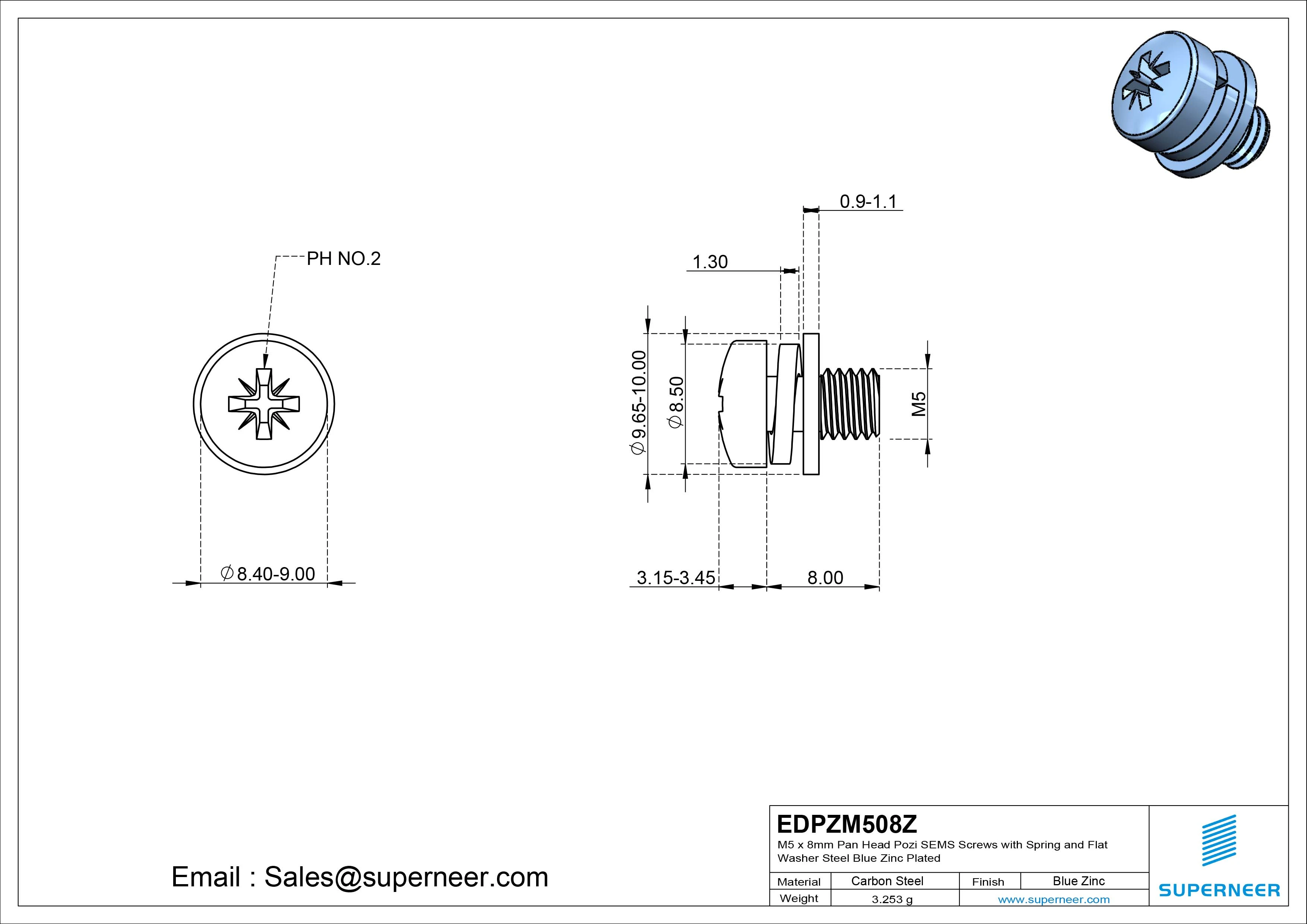 M5 x 8mm Pan Head Pozi SEMS Screws with Spring and Flat Washer Steel Blue Zinc Plated