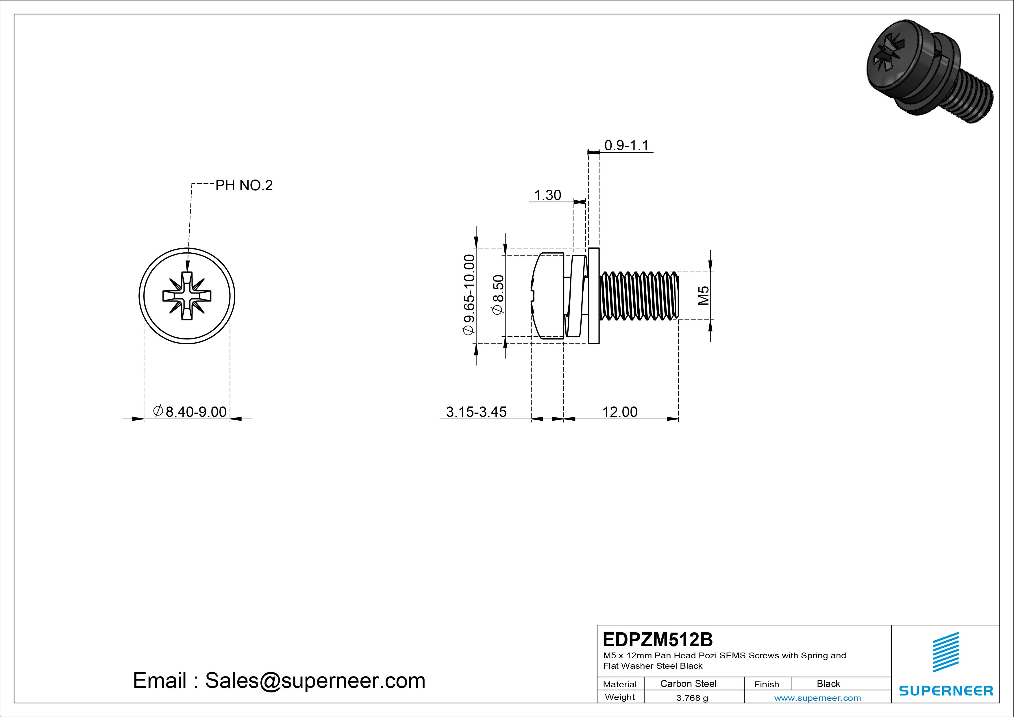 M5 x 12mm Pan Head Pozi SEMS Screws with Spring and Flat Washer Steel Black