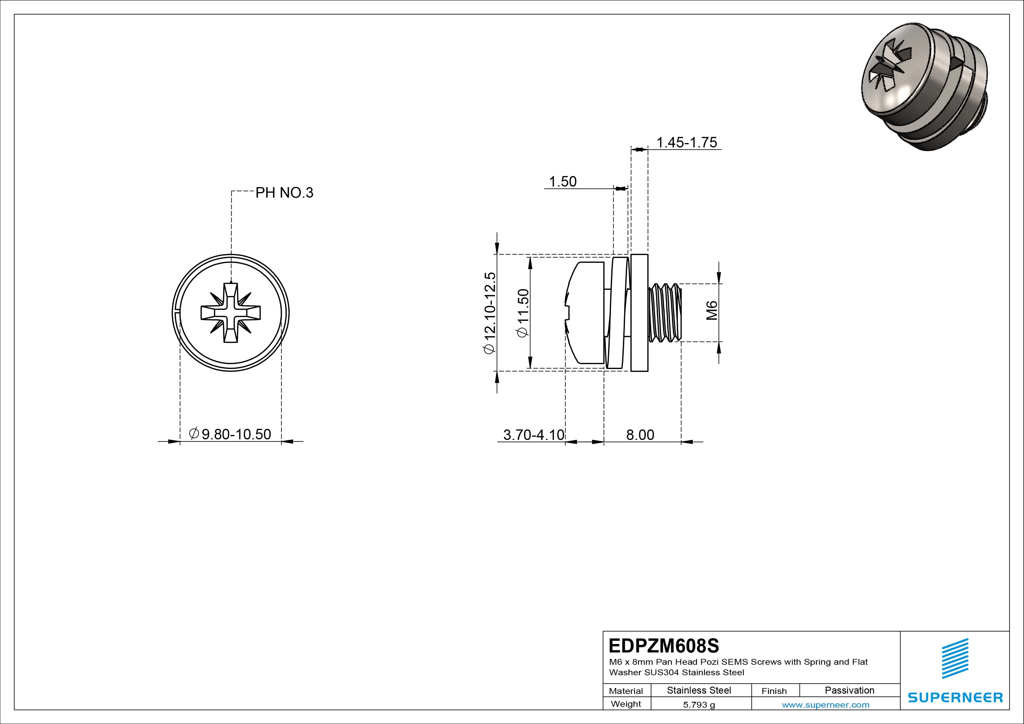 M6 x 8mm Pan Head Pozi SEMS Screws with Spring and Flat Washer SUS304 Stainless Steel Inox