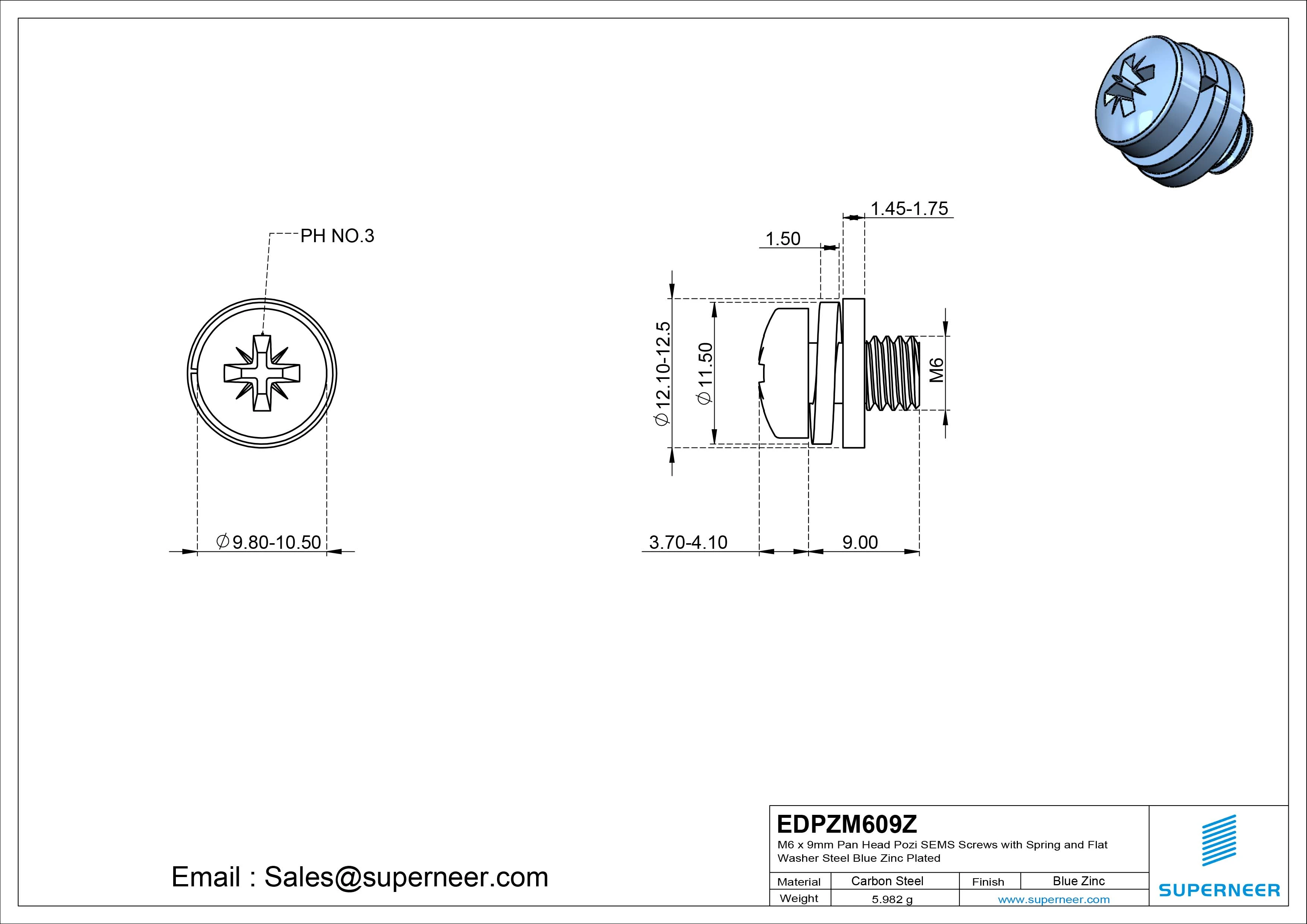 M6 x 9mm Pan Head Pozi SEMS Screws with Spring and Flat Washer Steel Blue Zinc Plated