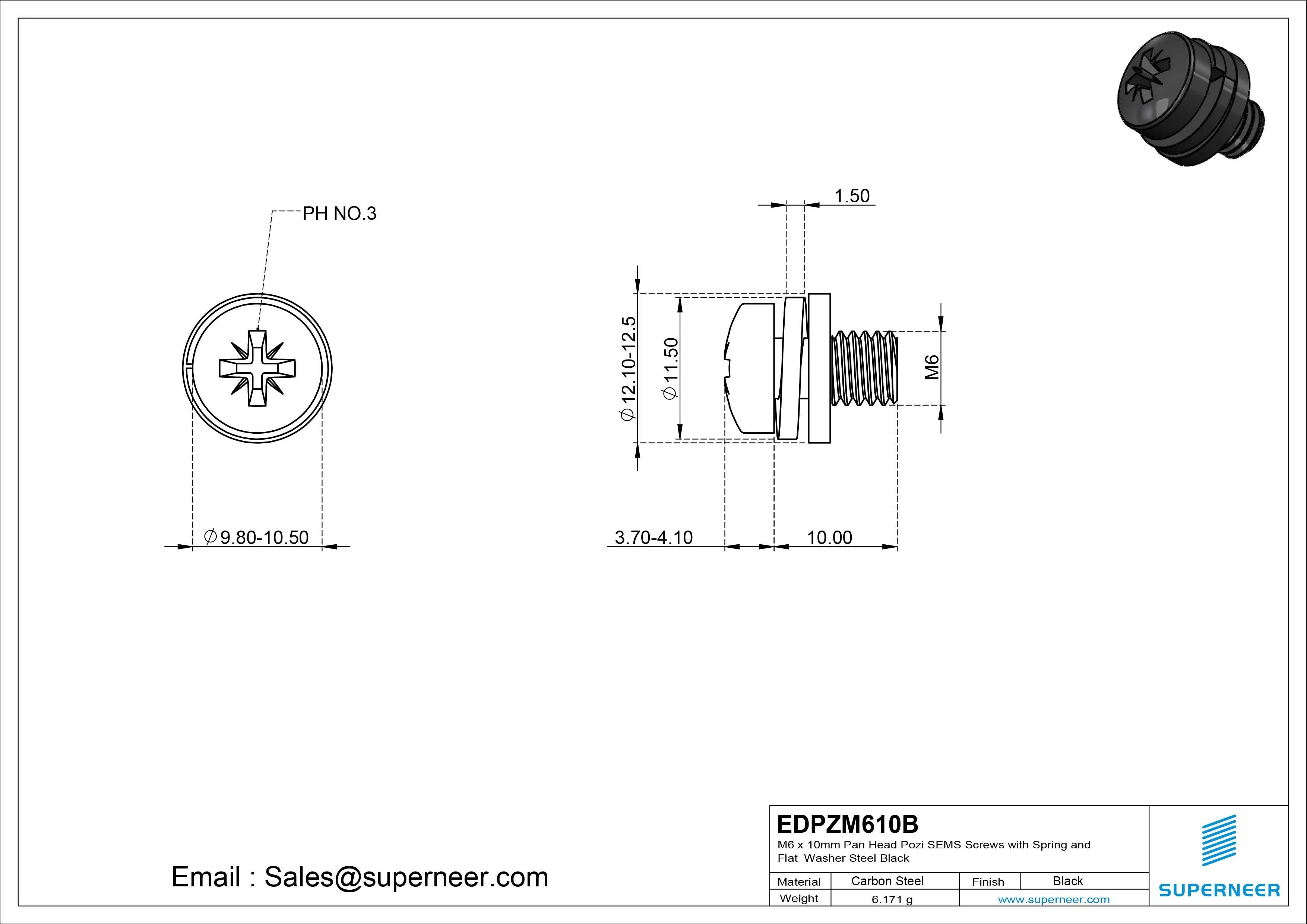 M6 x 10mm Pan Head Pozi SEMS Screws with Spring and Flat Washer Steel Black