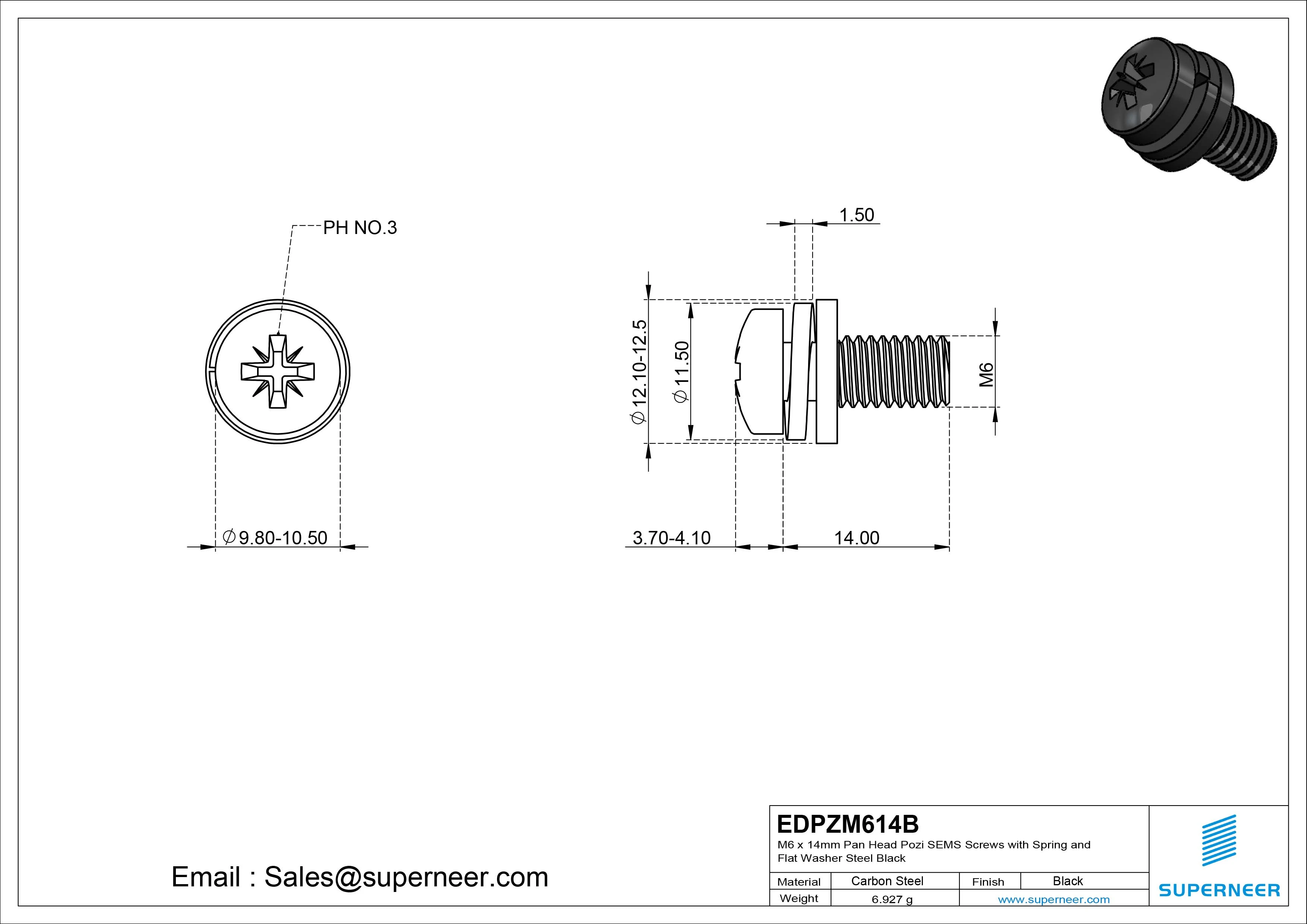 M6 x 14mm Pan Head Pozi SEMS Screws with Spring and Flat Washer Steel Black