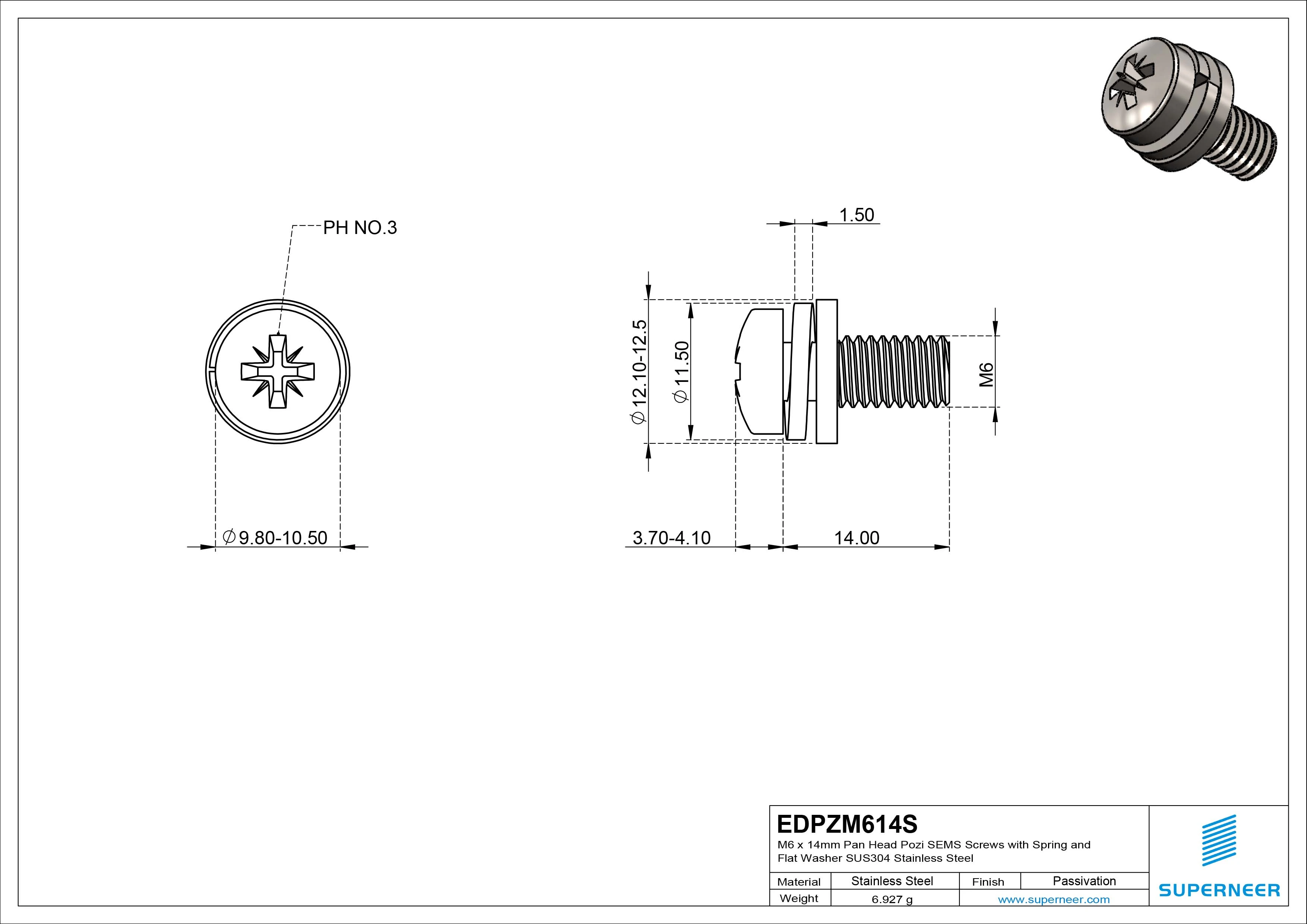 M6 x 14mm Pan Head Pozi SEMS Screws with Spring and Flat Washer SUS304 Stainless Steel Inox