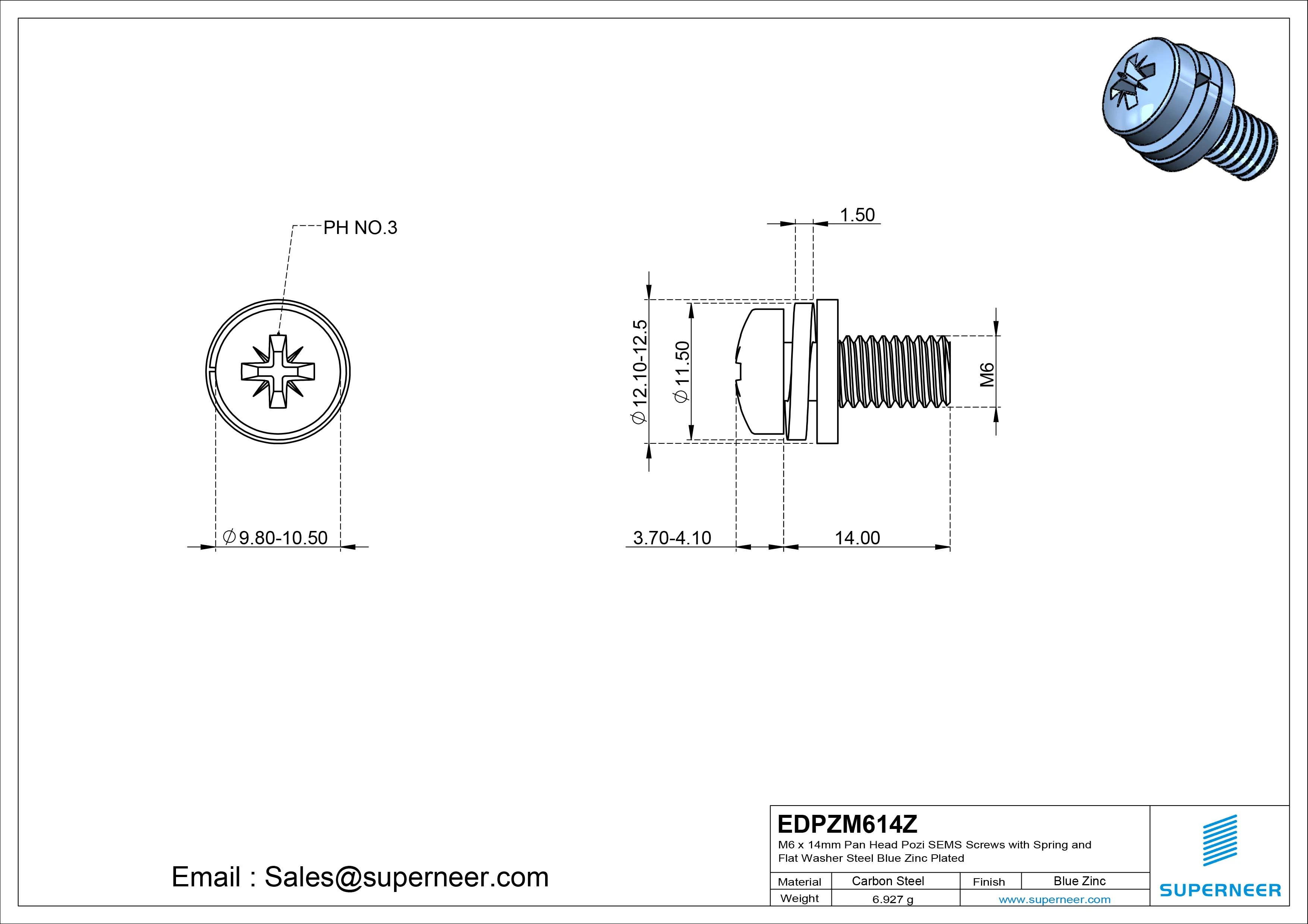 M6 x 14mm Pan Head Pozi SEMS Screws with Spring and Flat Washer Steel Blue Zinc Plated
