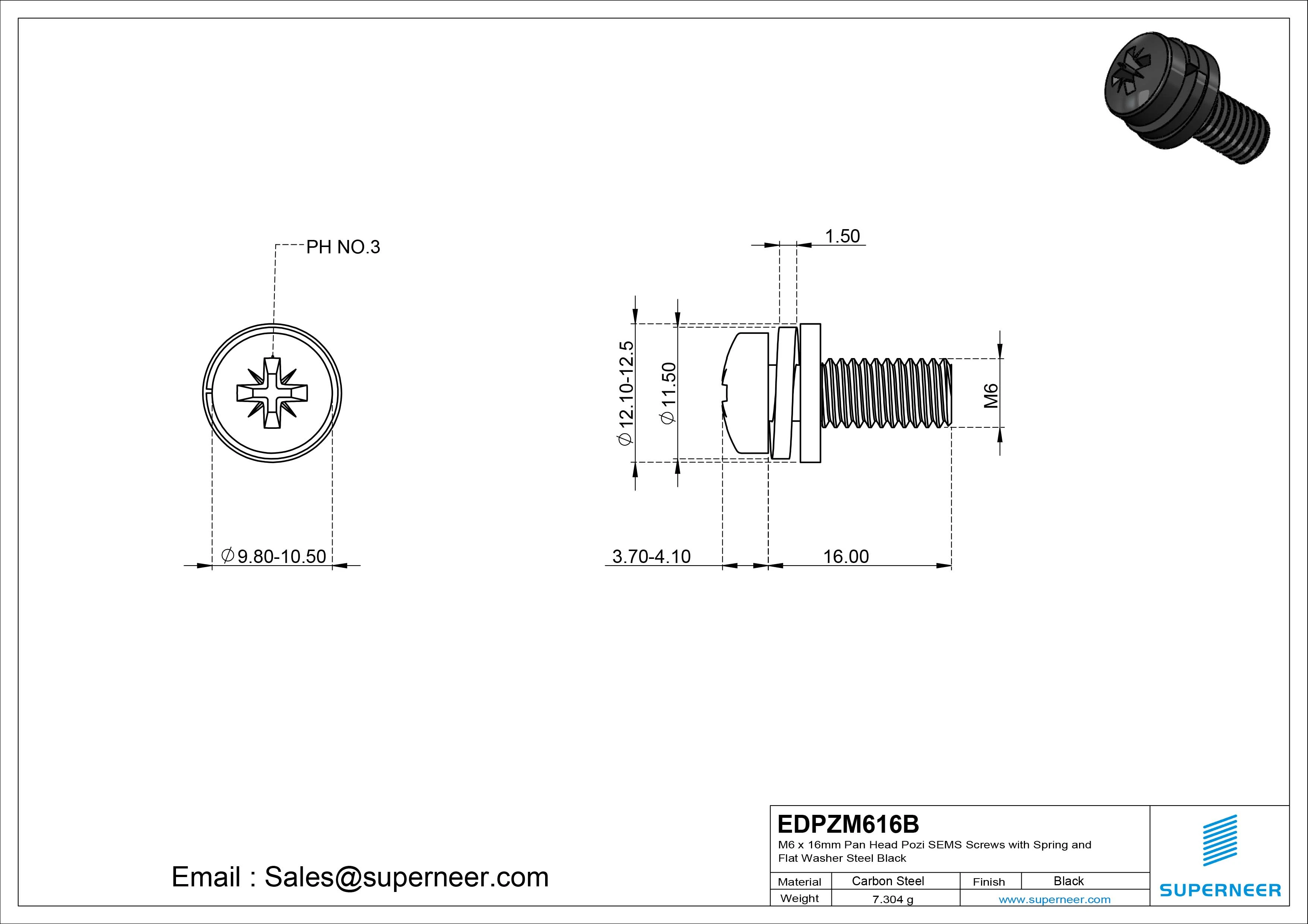 M6 x 16mm Pan Head Pozi SEMS Screws with Spring and Flat Washer Steel Black