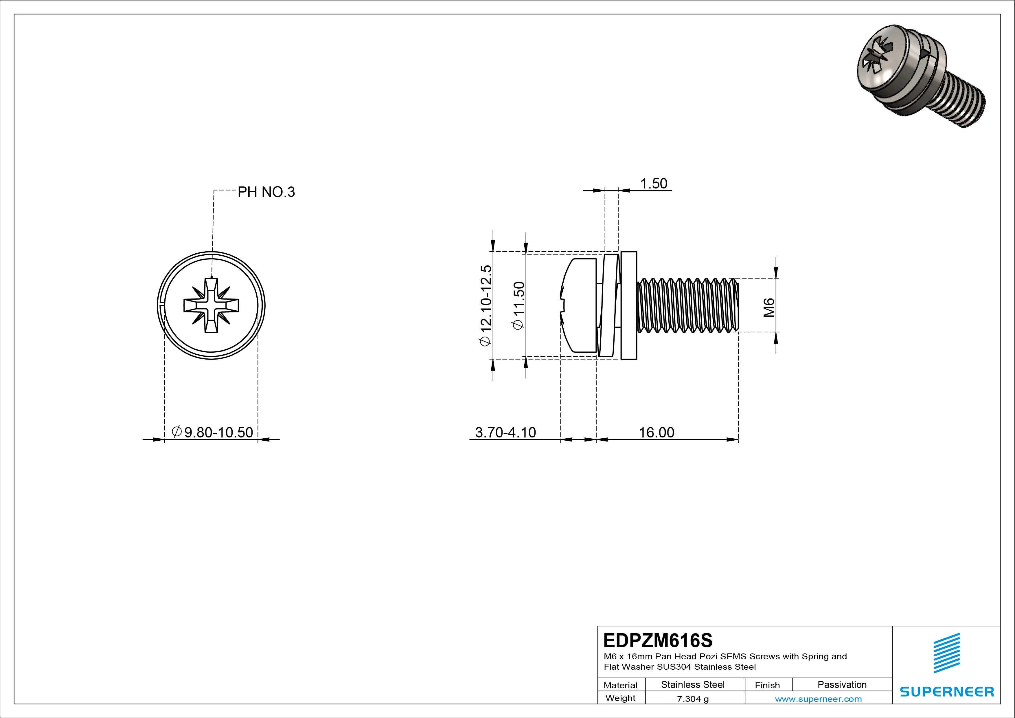 M6 x 16mm Pan Head Pozi SEMS Screws with Spring and Flat Washer SUS304 Stainless Steel Inox
