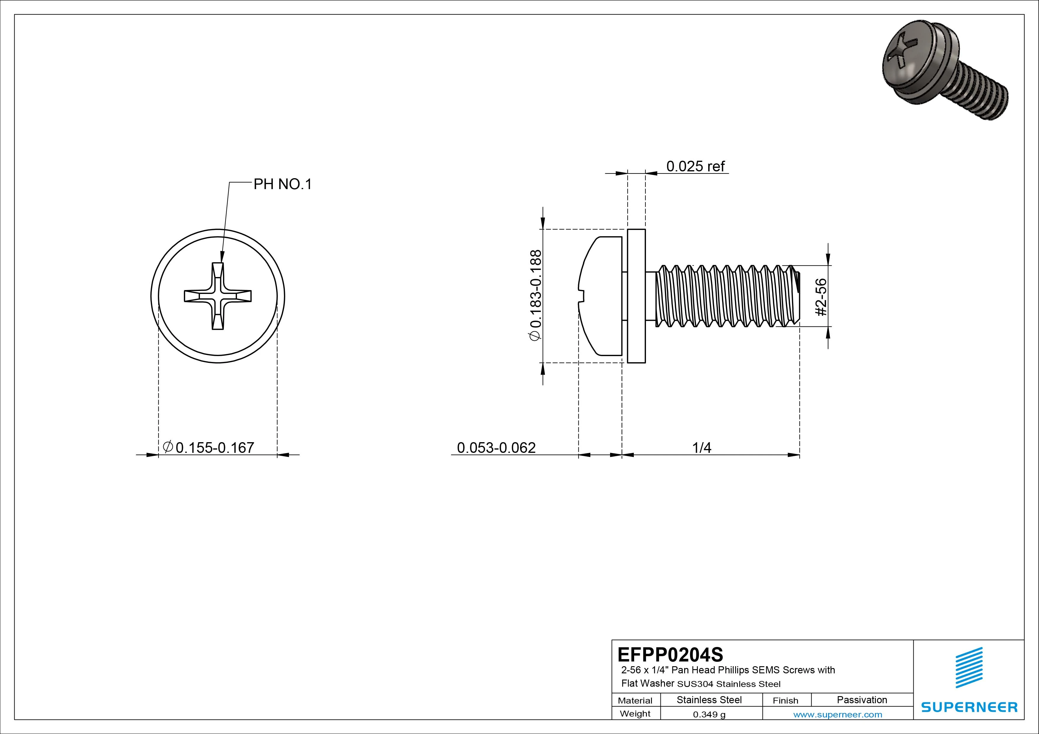2-56 x 1/4" Pan Head Phillips SEMS Screws with Flat Washer SUS304 Stainless Steel Inox