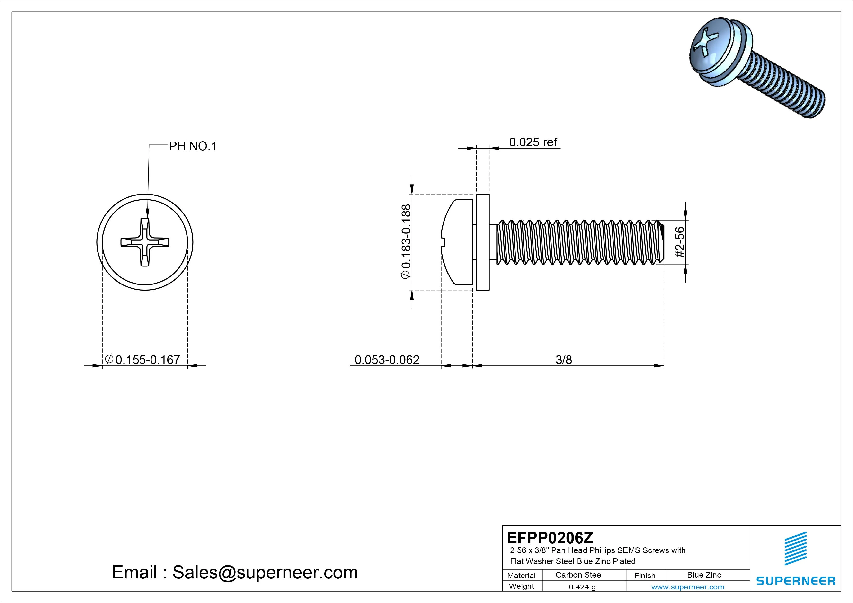 2-56 x 3/8" Pan Head Phillips SEMS Screws with Flat Washer Steel Blue Zinc Plated