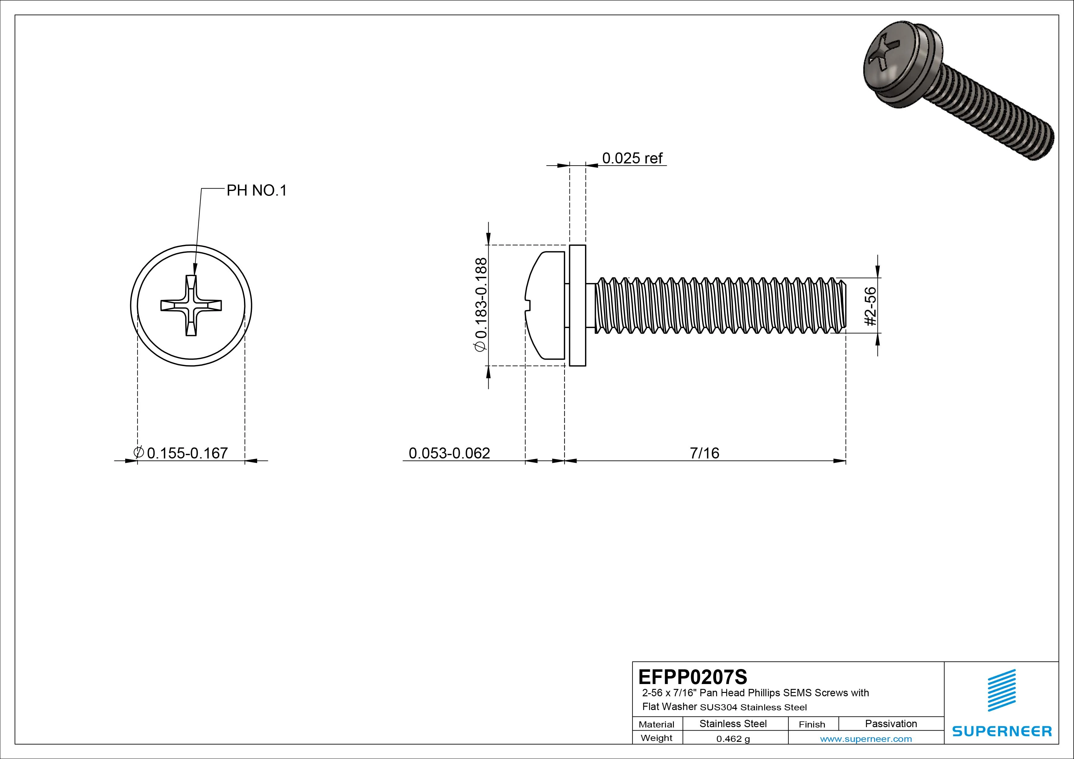 2-56 x 7/16" Pan Head Phillips SEMS Screws with Flat Washer SUS304 Stainless Steel Inox