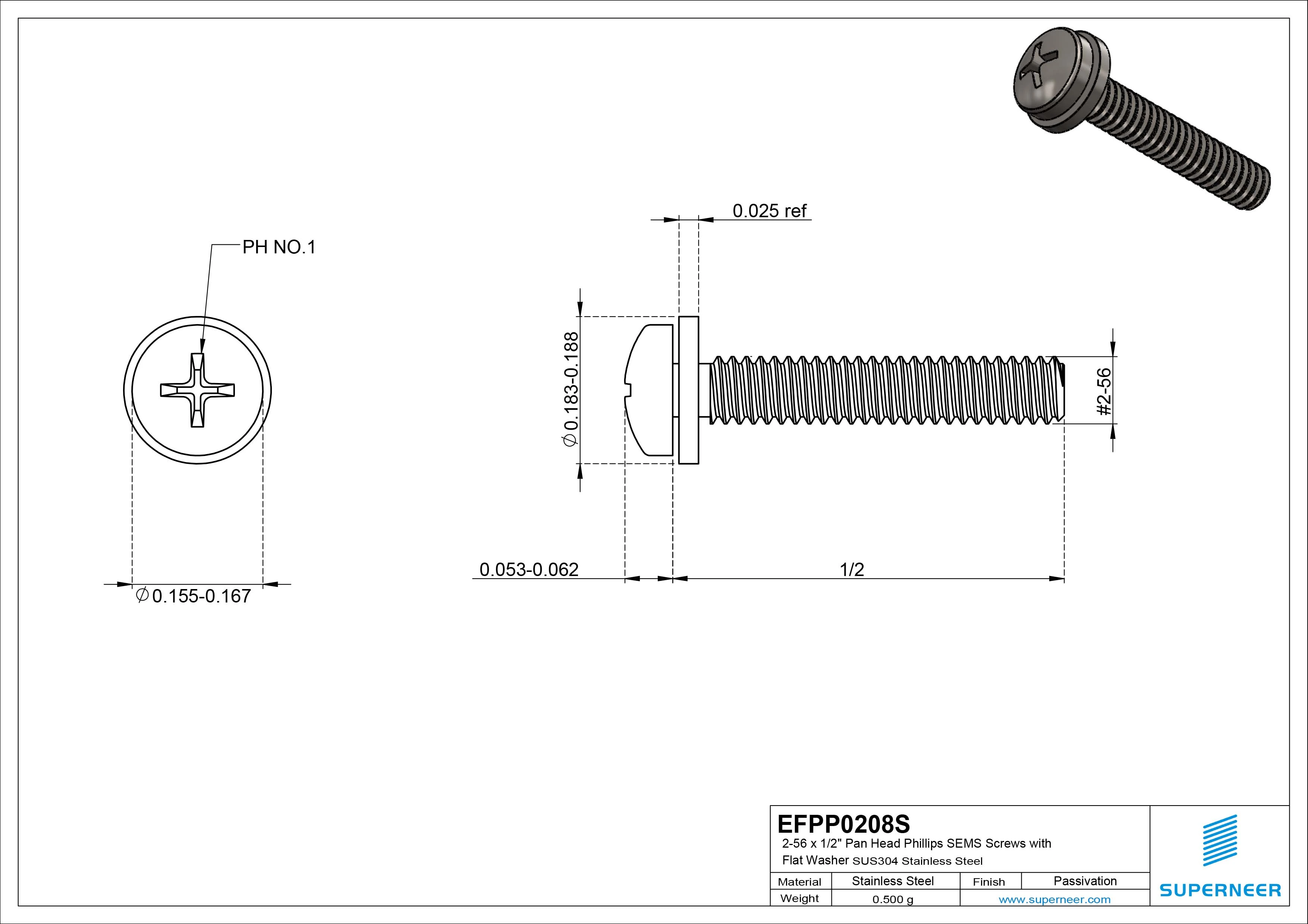 2-56 x 1/2" Pan Head Phillips SEMS Screws with Flat Washer SUS304 Stainless Steel Inox