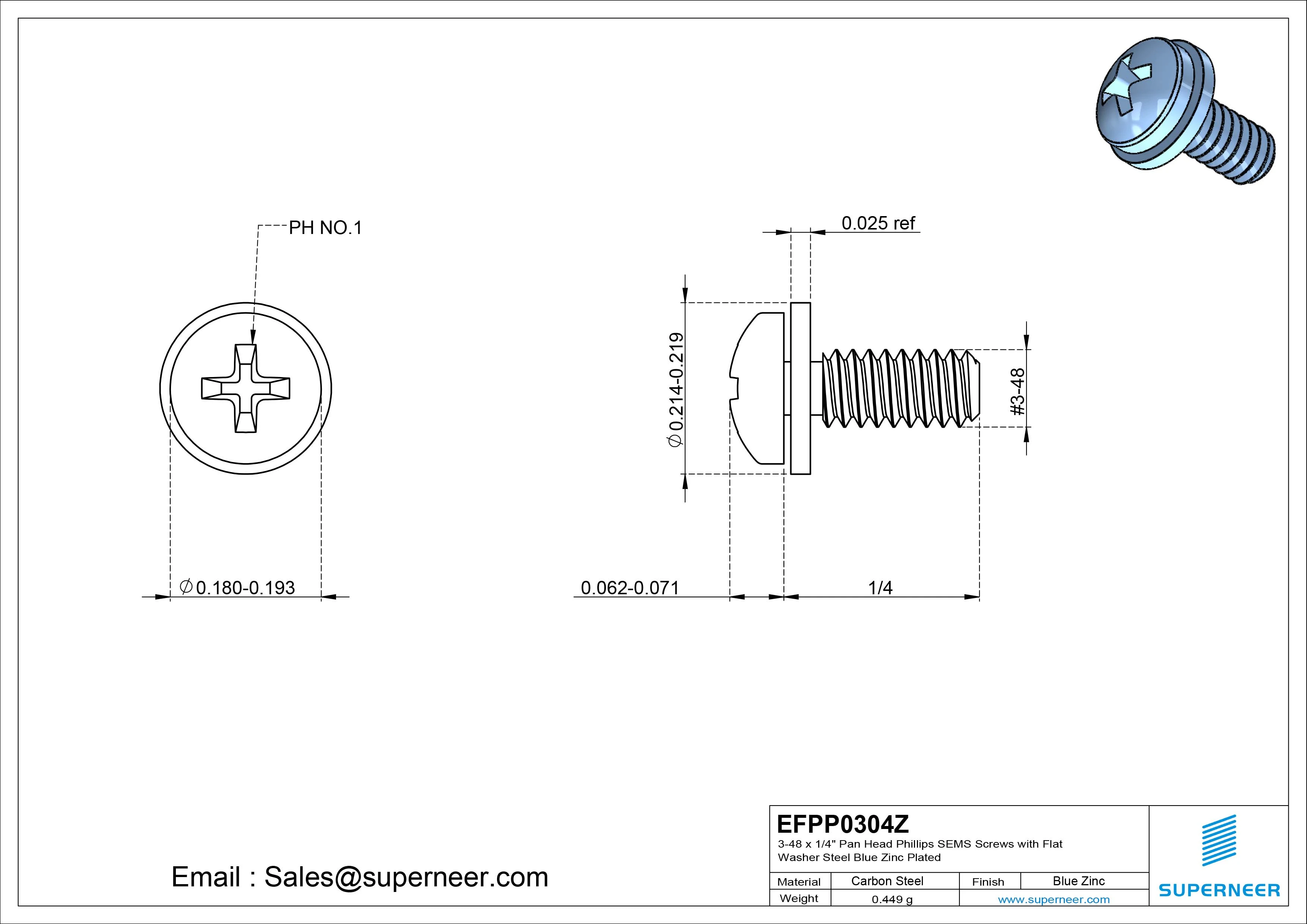 3-48 x 1/4" Pan Head Phillips SEMS Screws with Flat Washer Steel Blue Zinc Plated