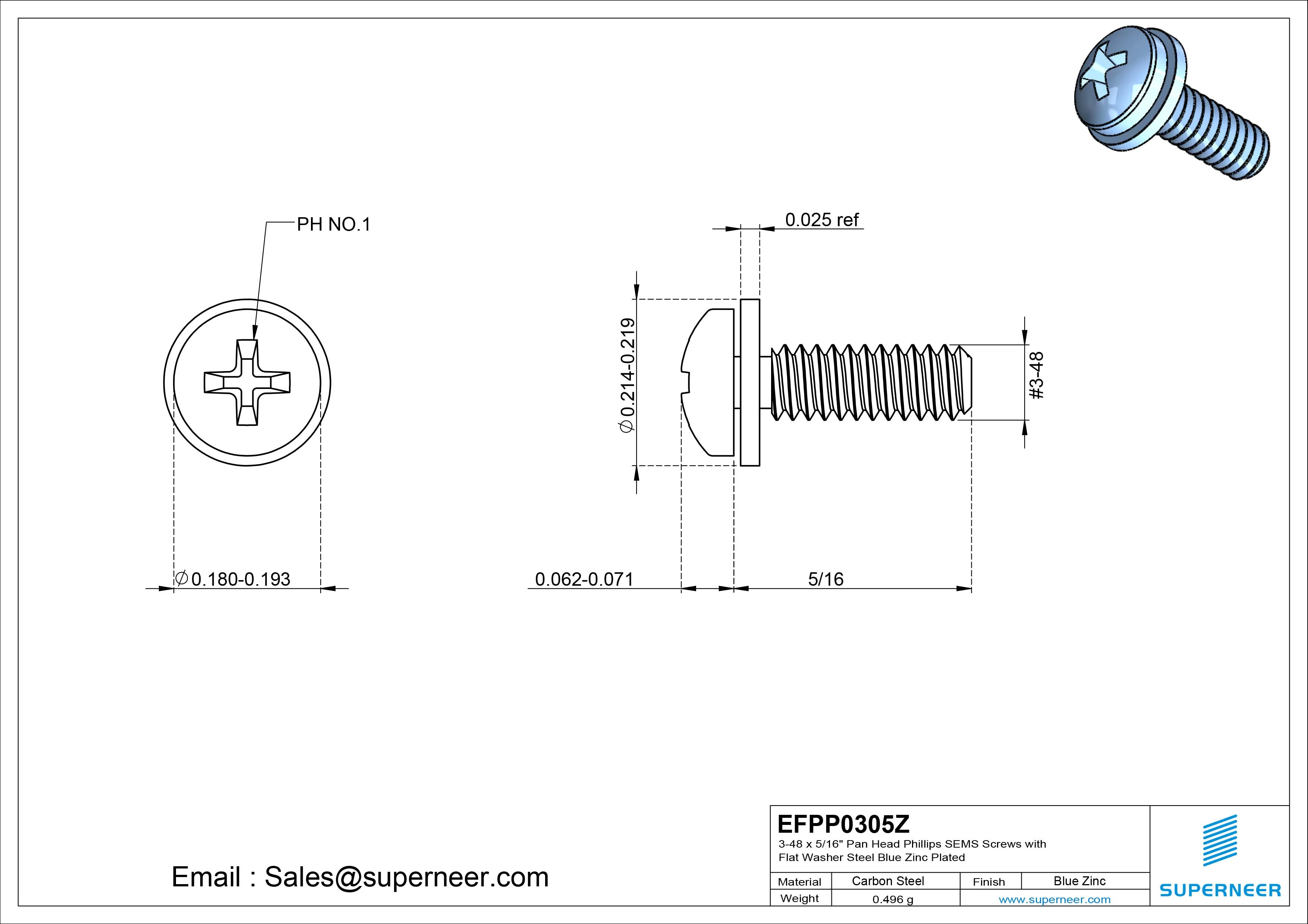 3-48 x 5/16" Pan Head Phillips SEMS Screws with Flat Washer Steel Blue Zinc Plated