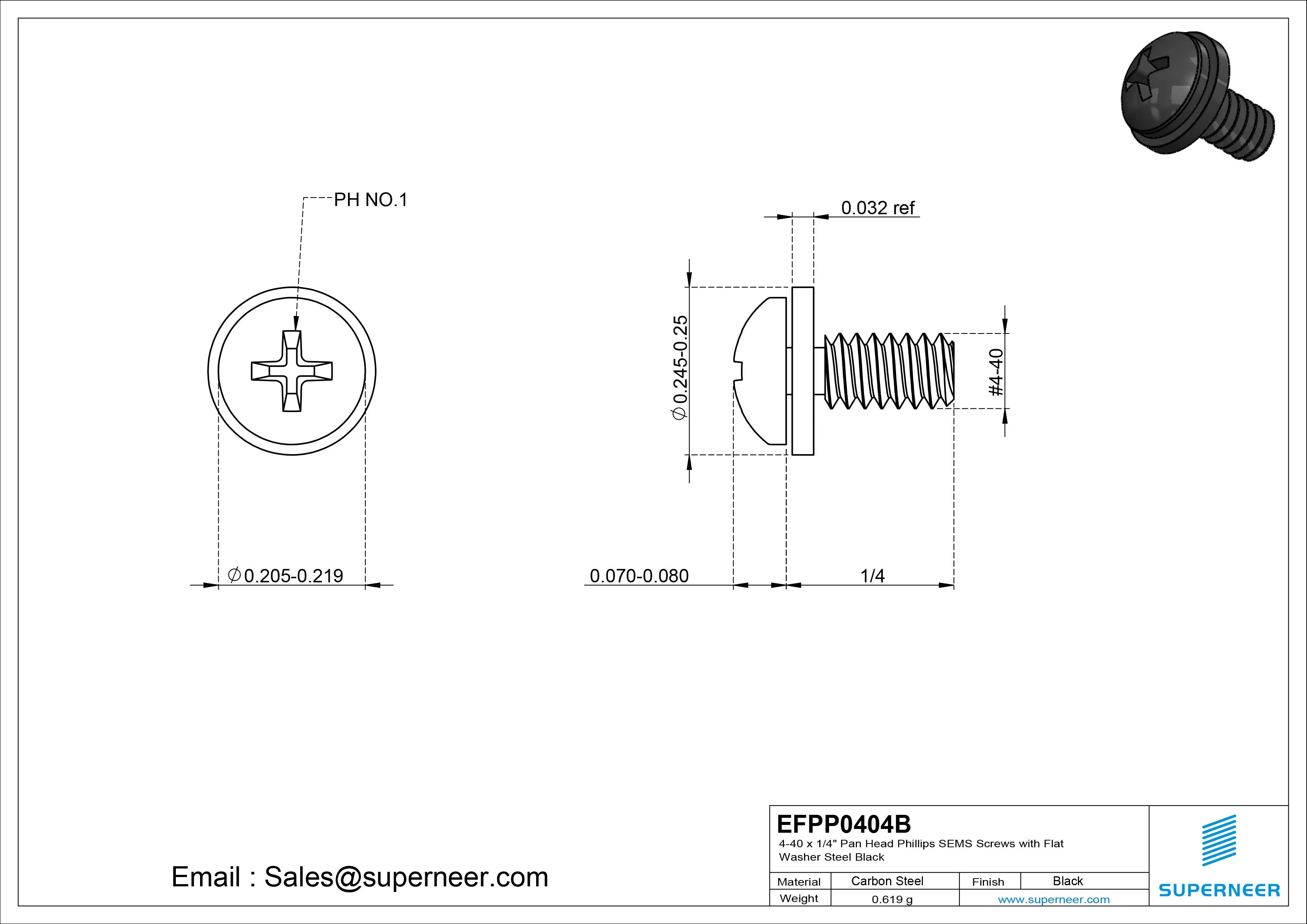 4-40 x 1/4" Pan Head Phillips SEMS Screws with Flat Washer Steel Black