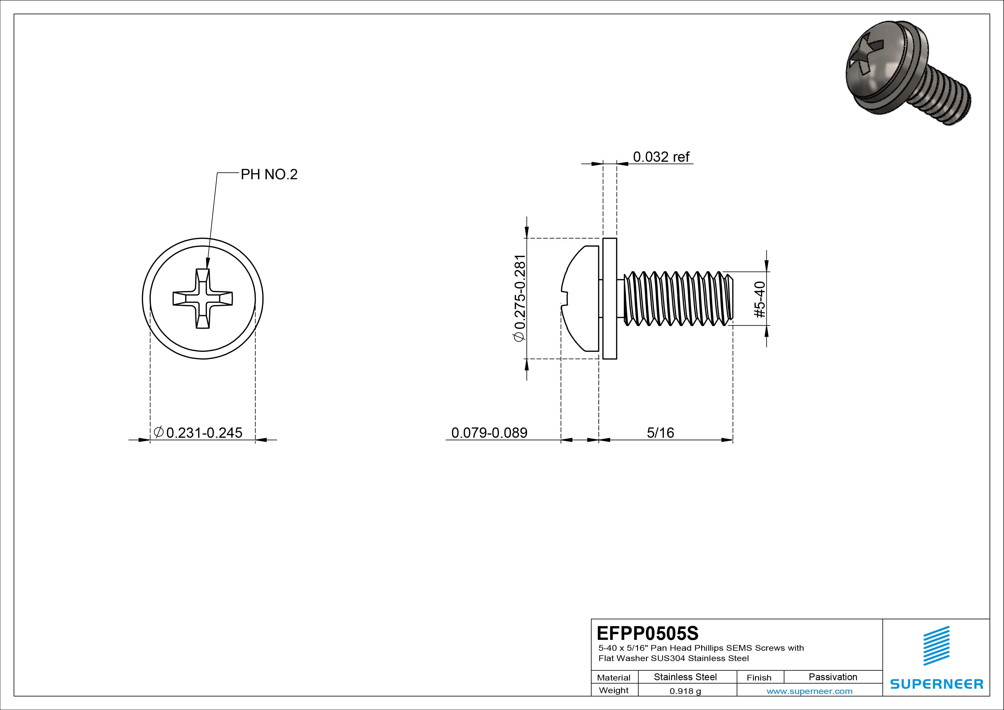 5-40 x 5/16" Pan Head Phillips SEMS Screws with Flat Washer SUS304 Stainless Steel Inox