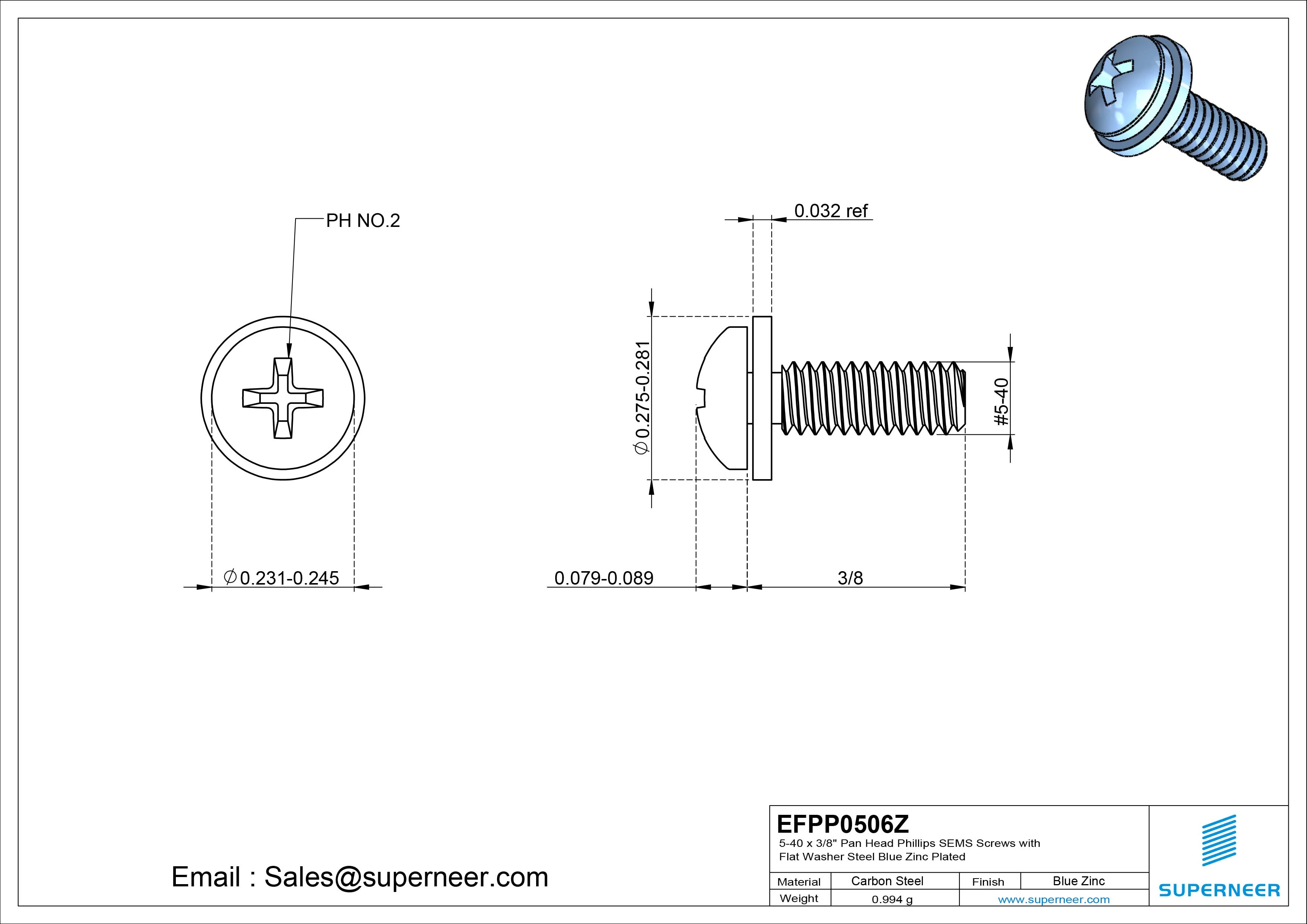 5-40 x 3/8" Pan Head Phillips SEMS Screws with Flat Washer Steel Blue Zinc Plated