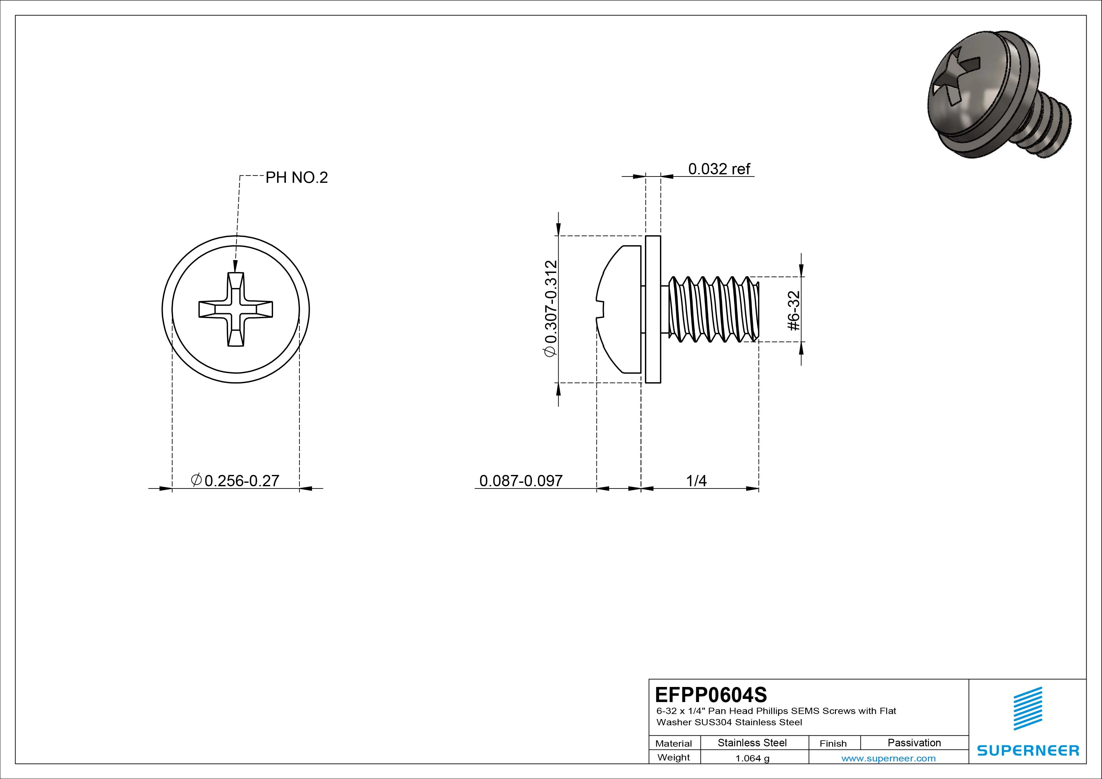 6-32 x 1/4" Pan Head Phillips SEMS Screws with Flat Washer SUS304 Stainless Steel Inox