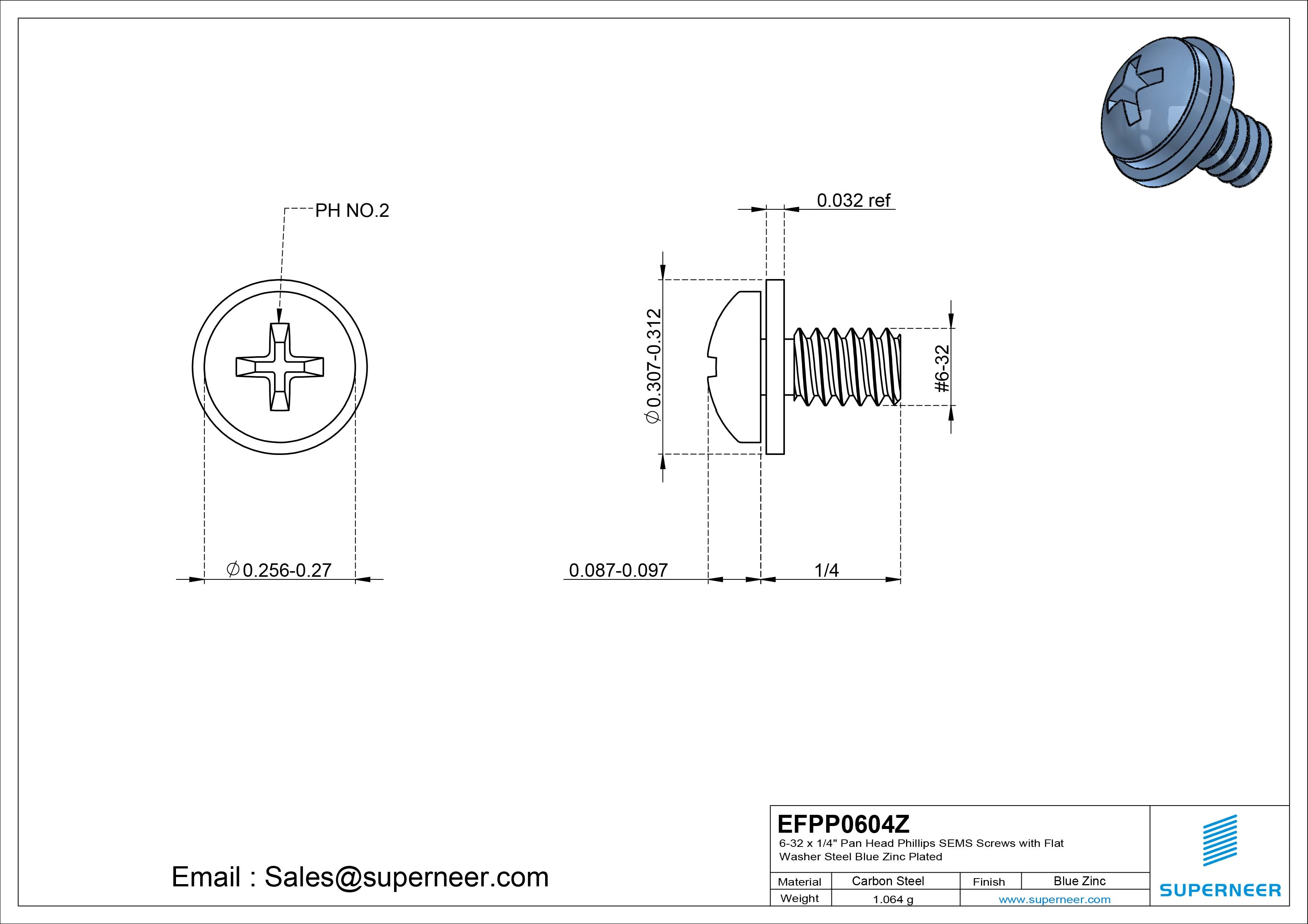 6-32 x 1/4" Pan Head Phillips SEMS Screws with Flat Washer Steel Blue Zinc Plated