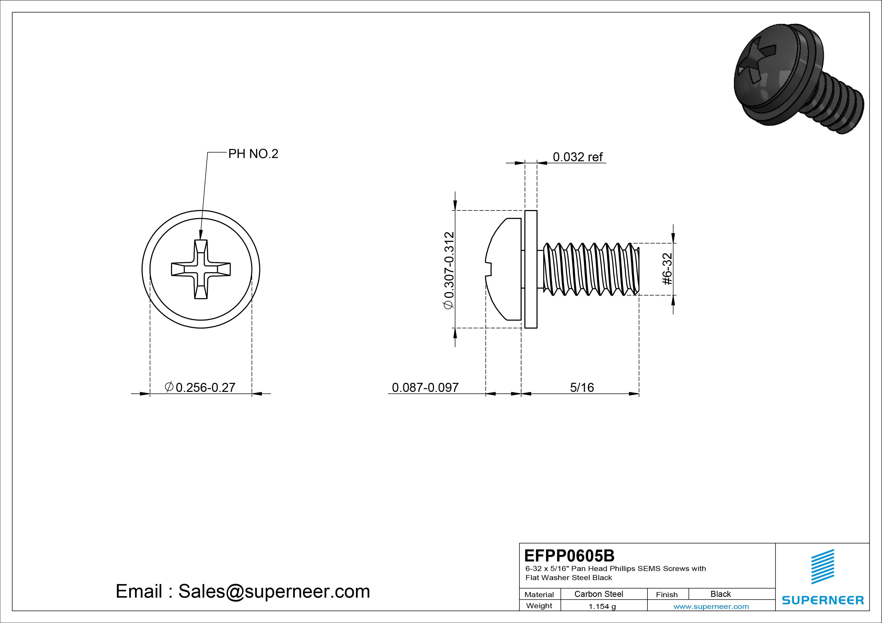 6-32 x 5/16" Pan Head Phillips SEMS Screws with Flat Washer Steel Black