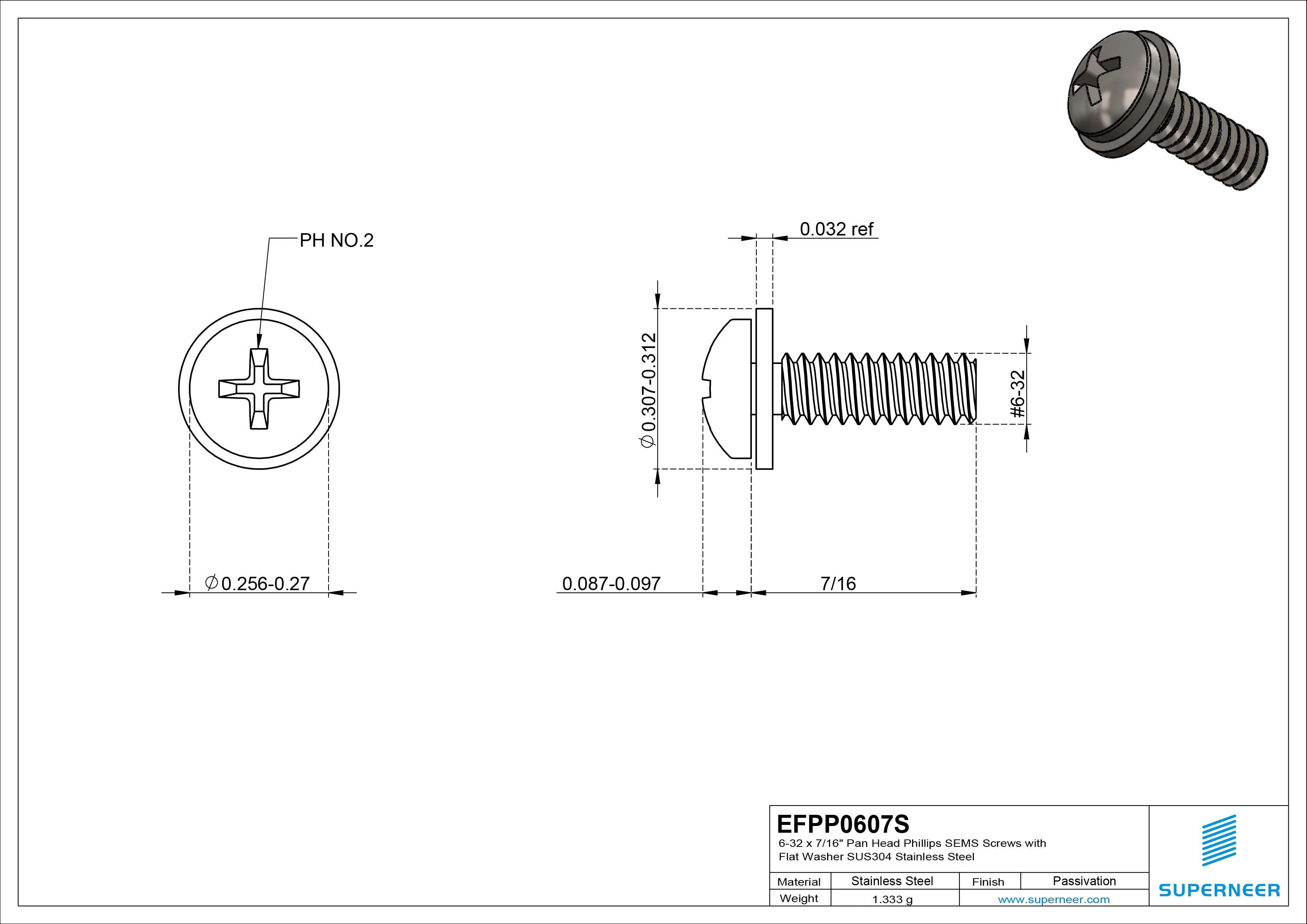 6-32 x 7/16" Pan Head Phillips SEMS Screws with Flat Washer SUS304 Stainless Steel Inox