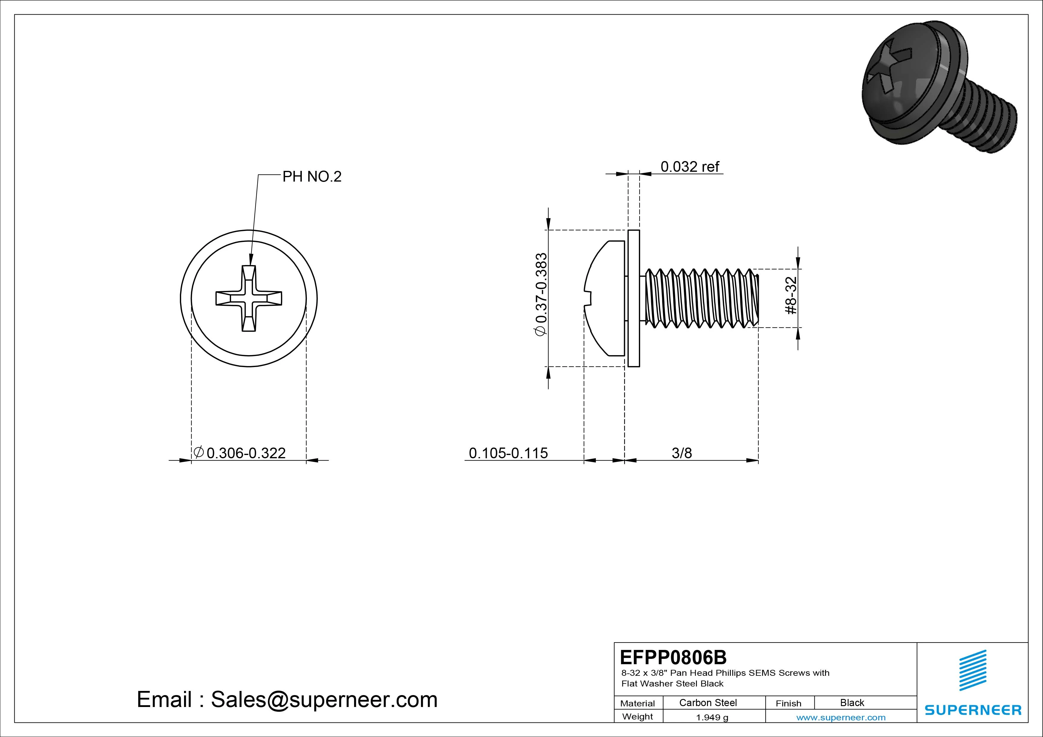 8-32 x 3/8" Pan Head Phillips SEMS Screws with Flat Washer Steel Black