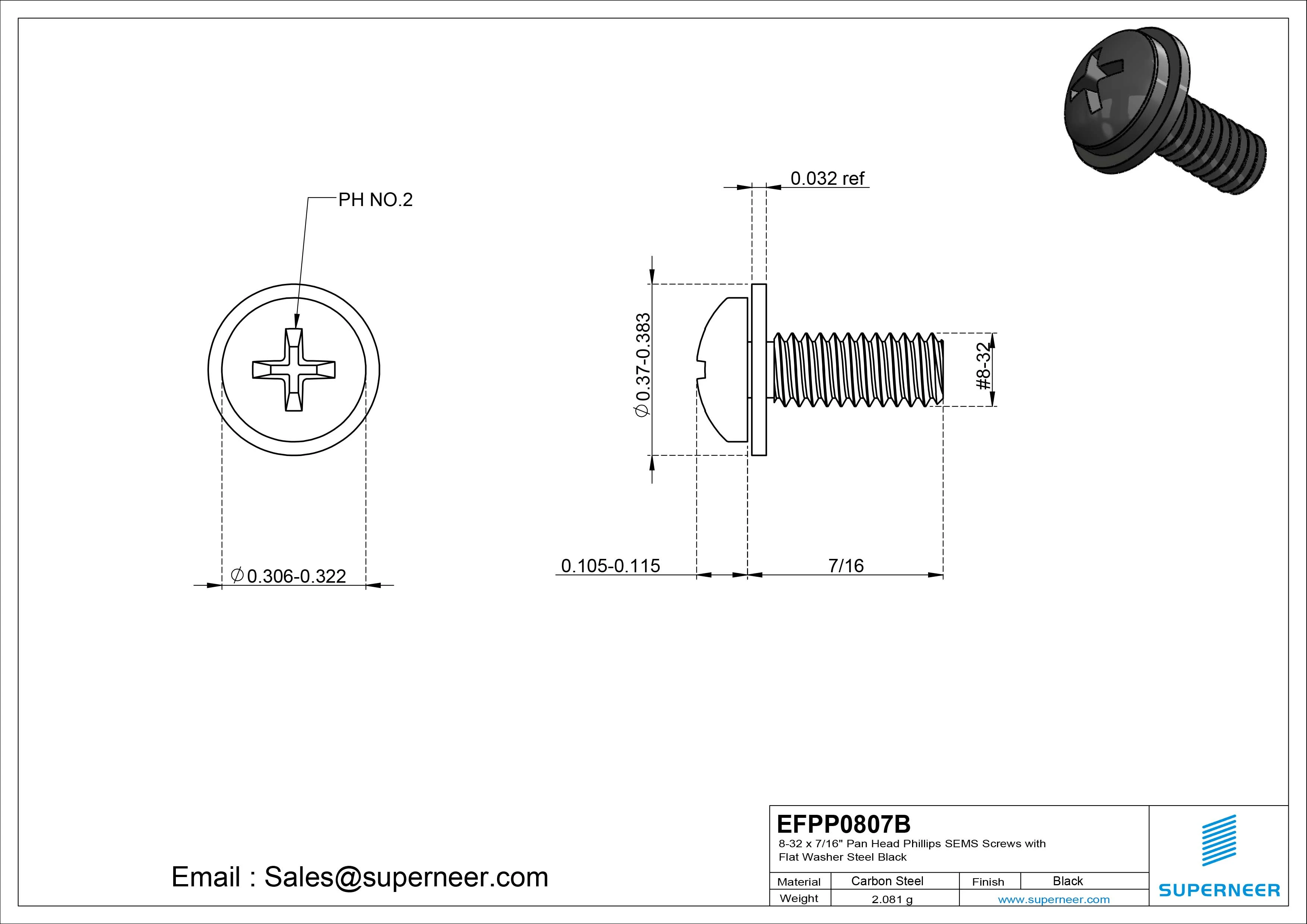 8-32 x 7/16" Pan Head Phillips SEMS Screws with Flat Washer Steel Black