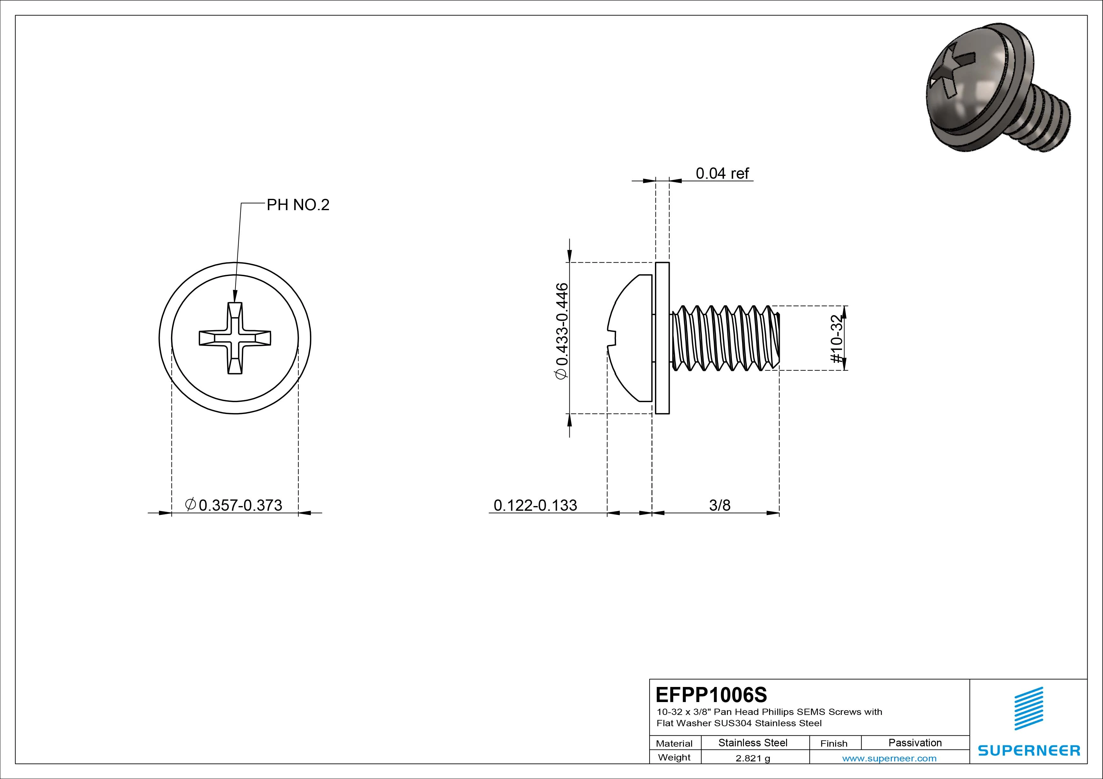 10-32 x 3/8" Pan Head Phillips SEMS Screws with Flat Washer SUS304 Stainless Steel Inox