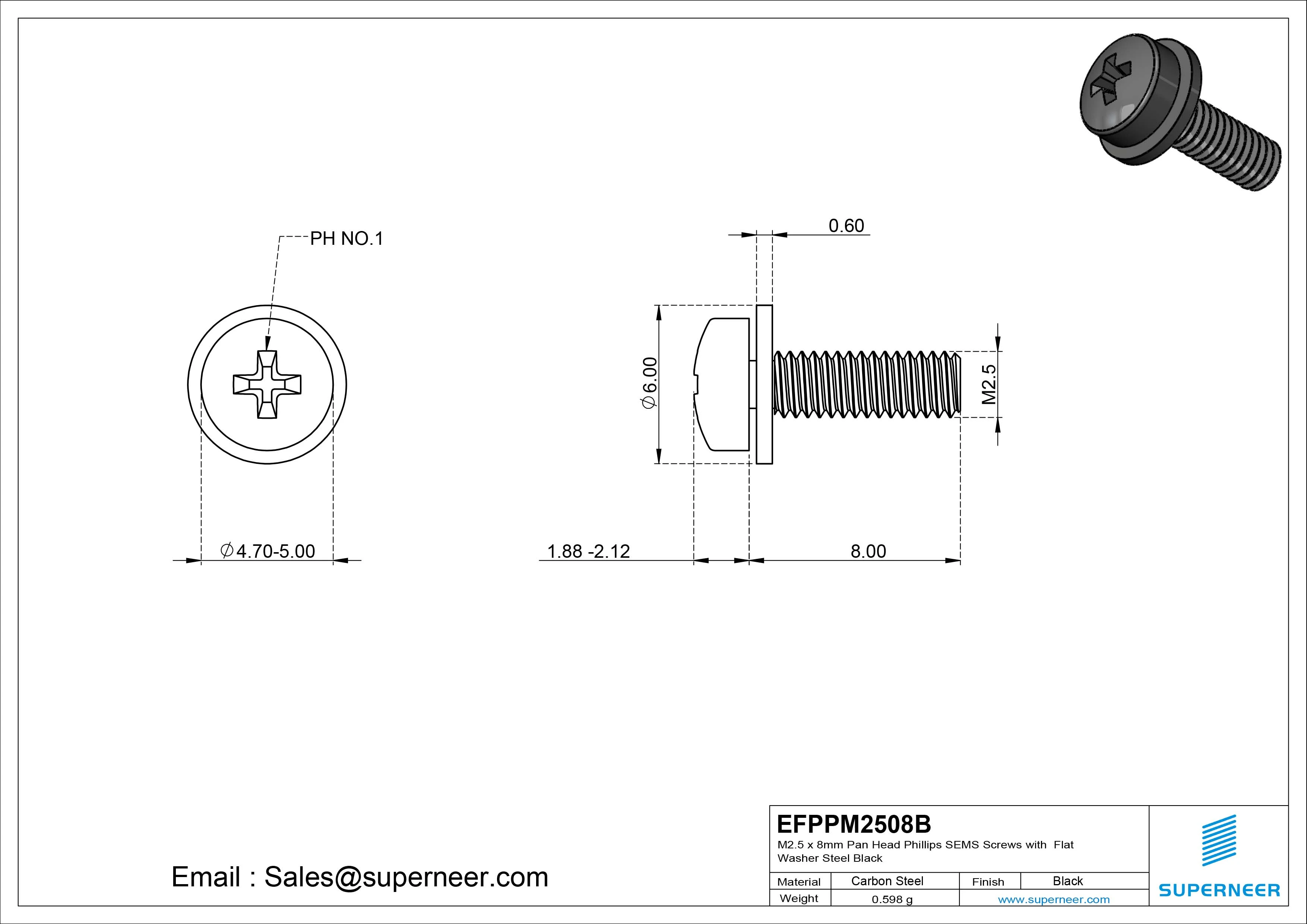 M2.5 x 8mm Pan Head Phillips SEMS Screws with Flat Washer Steel Black