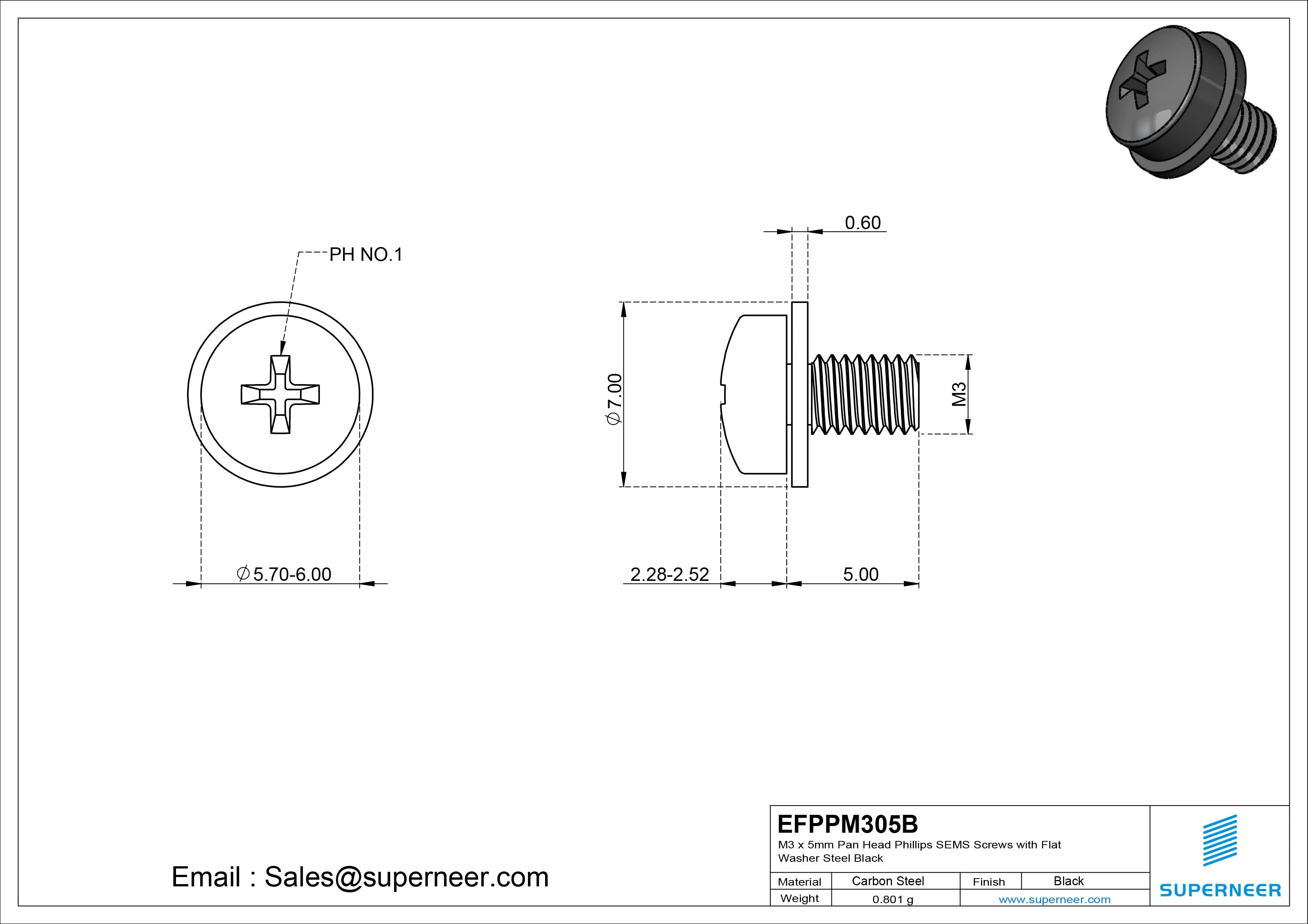 M3 x 5mm Pan Head Phillips SEMS Screws with Flat Washer Steel Black