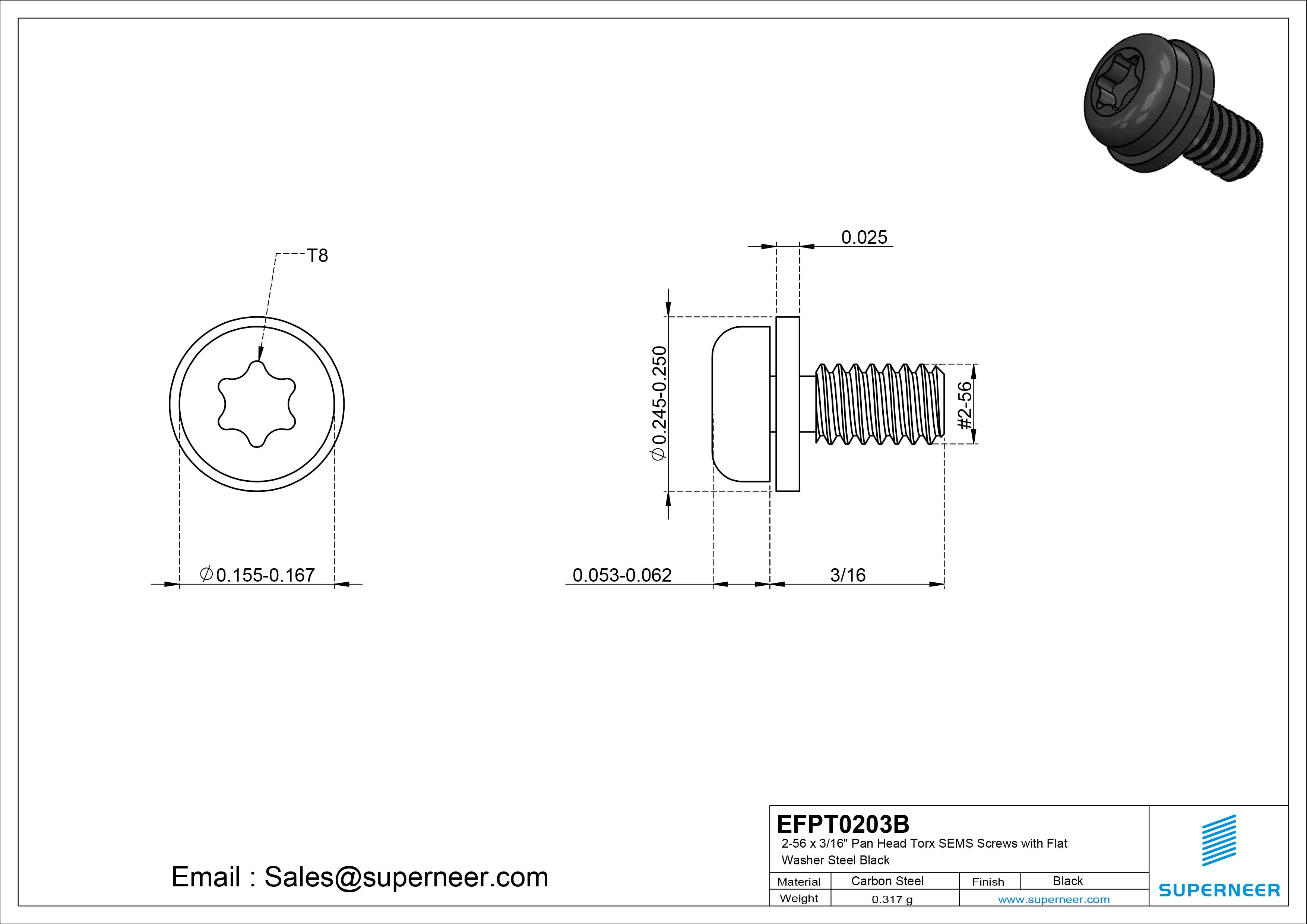 2-56 x 3/16" Pan Head Torx SEMS Screws with Flat Washer Steel Black