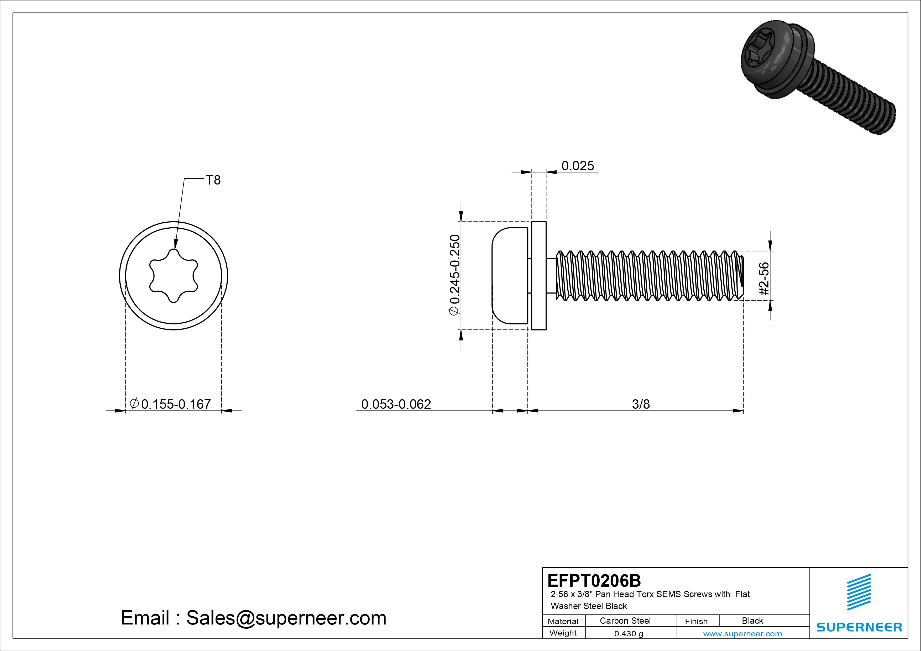 2-56 x 3/8" Pan Head Torx SEMS Screws with Flat Washer Steel Black