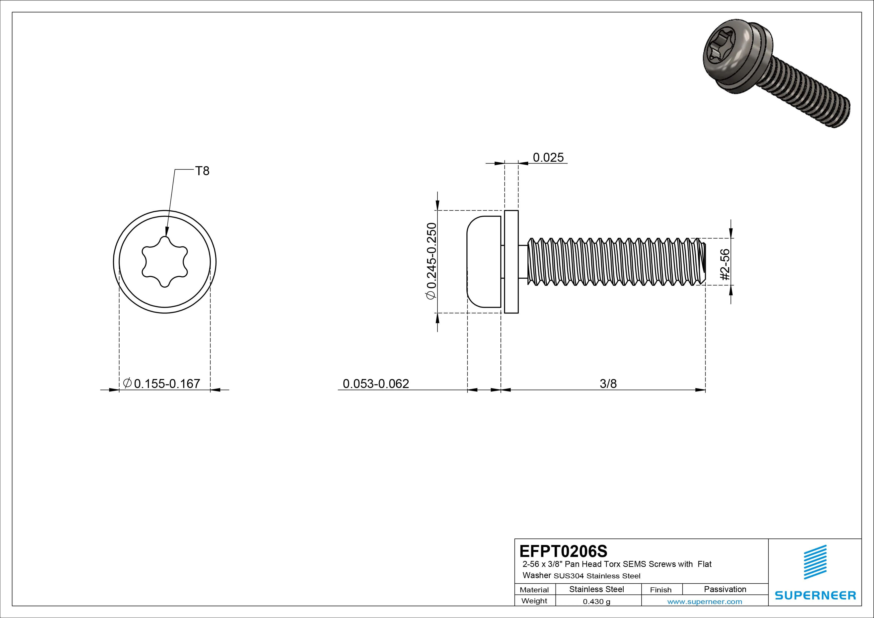 2-56 x 3/8" Pan Head Torx SEMS Screws with Flat Washer SUS304 Stainless Steel Inox