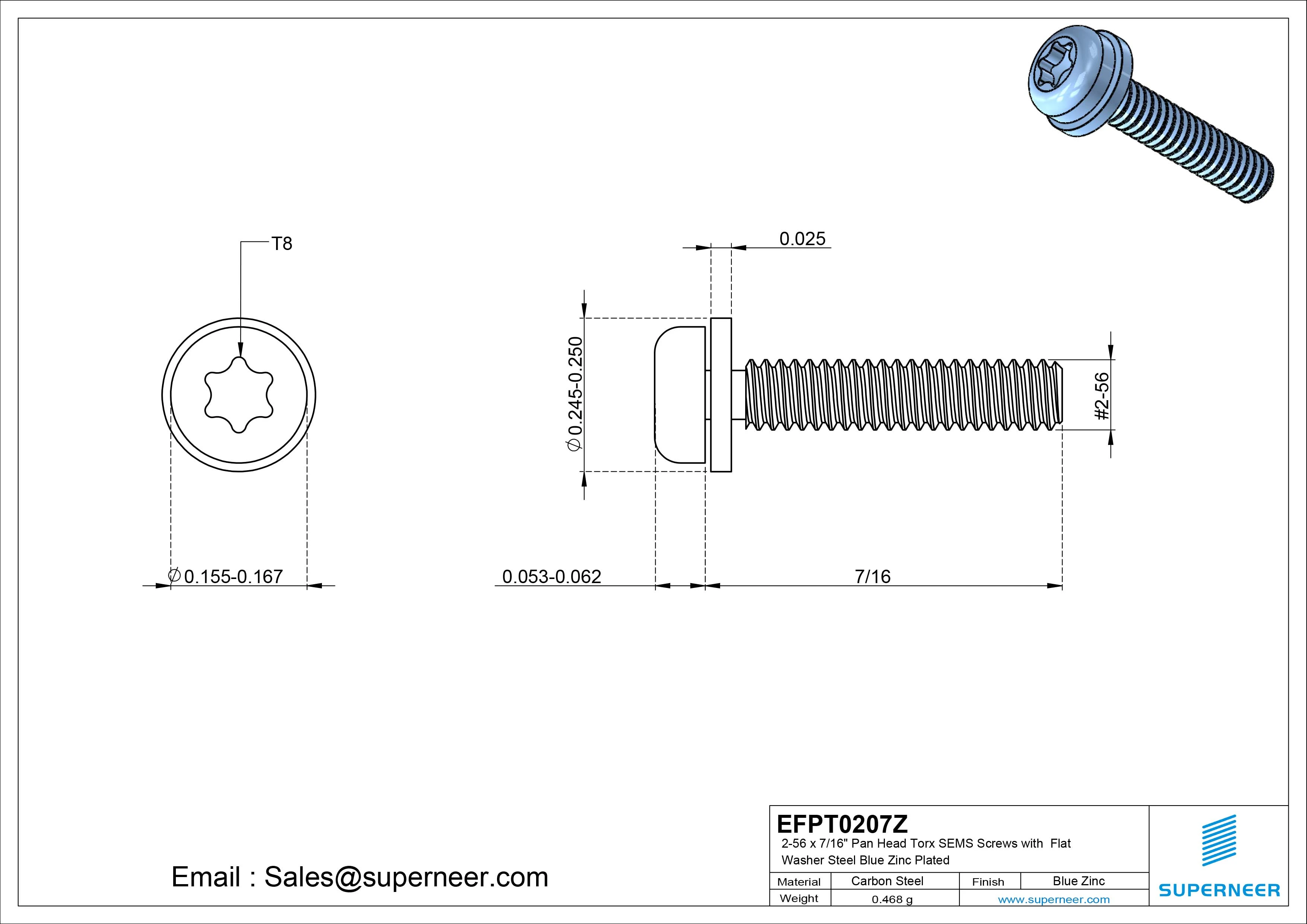 2-56 x 7/16" Pan Head Torx SEMS Screws with Flat Washer Steel Blue Zinc Plated