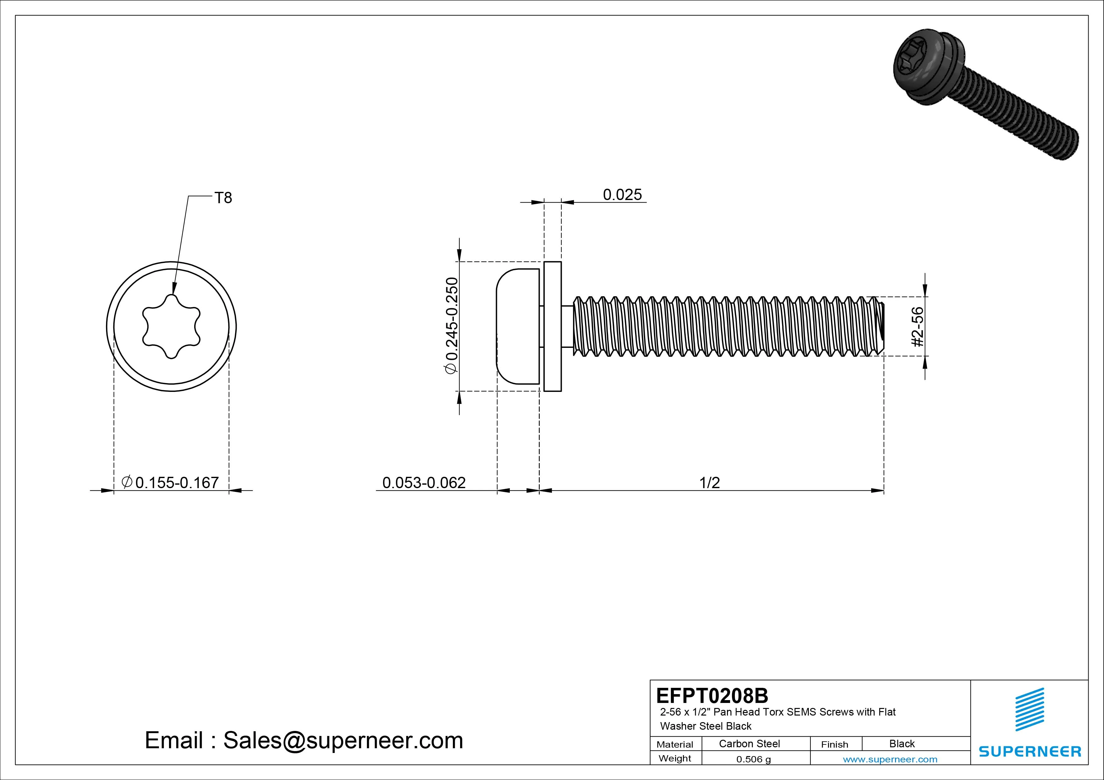 2-56 x 1/2" Pan Head Torx SEMS Screws with Flat Washer Steel Black