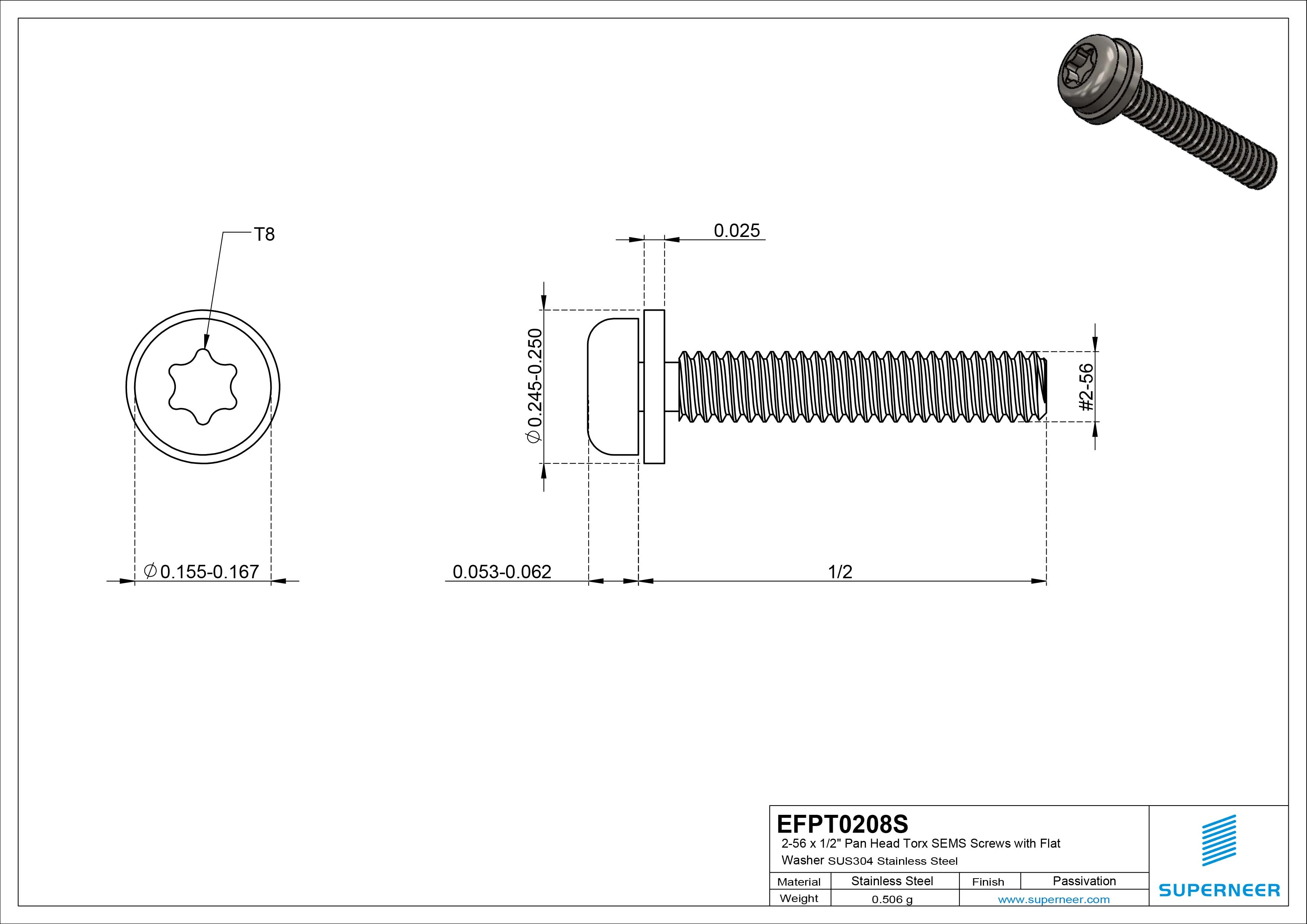 2-56 x 1/2" Pan Head Torx SEMS Screws with Flat Washer SUS304 Stainless Steel Inox