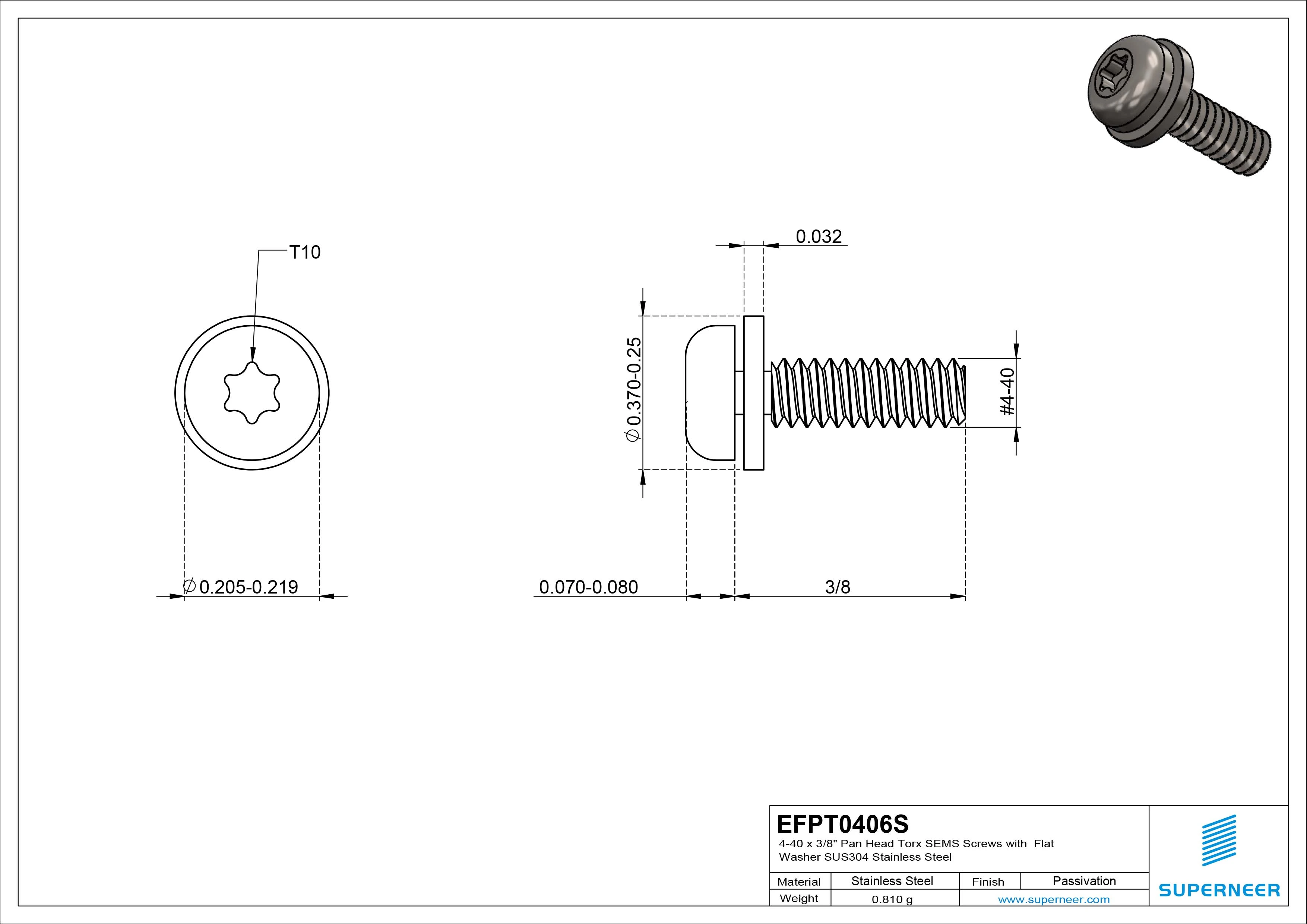 4-40 x 3/8" Pan Head Torx SEMS Screws with Flat Washer SUS304 Stainless Steel Inox