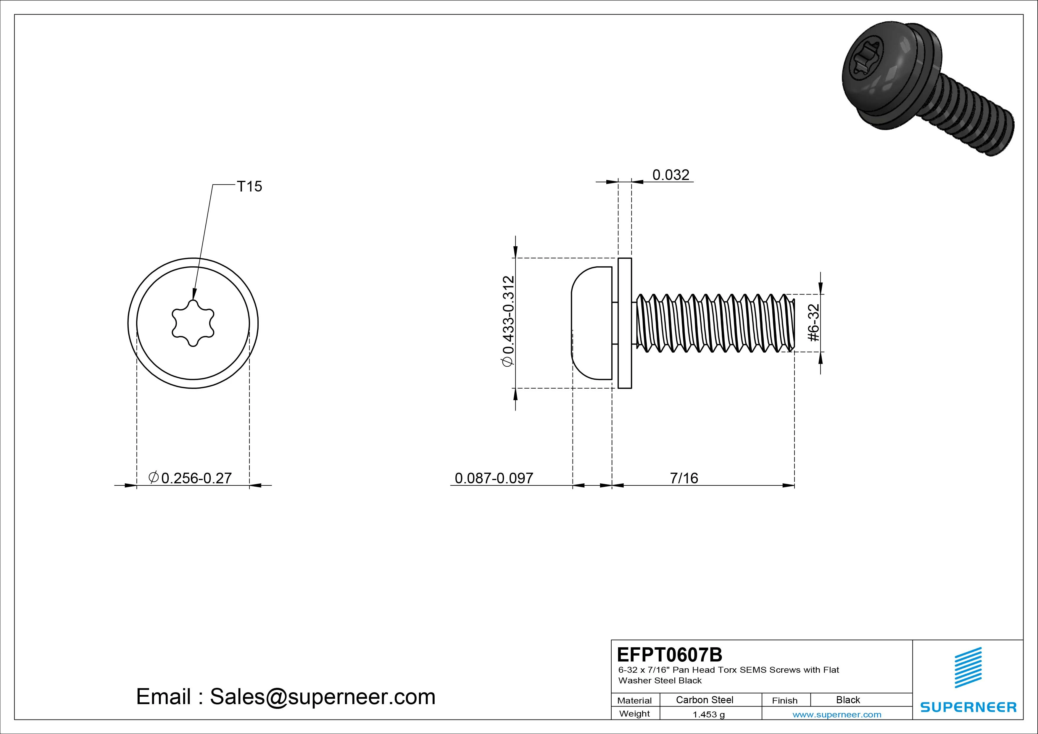 6-32 x 7/16" Pan Head Torx SEMS Screws with Flat Washer Steel Black