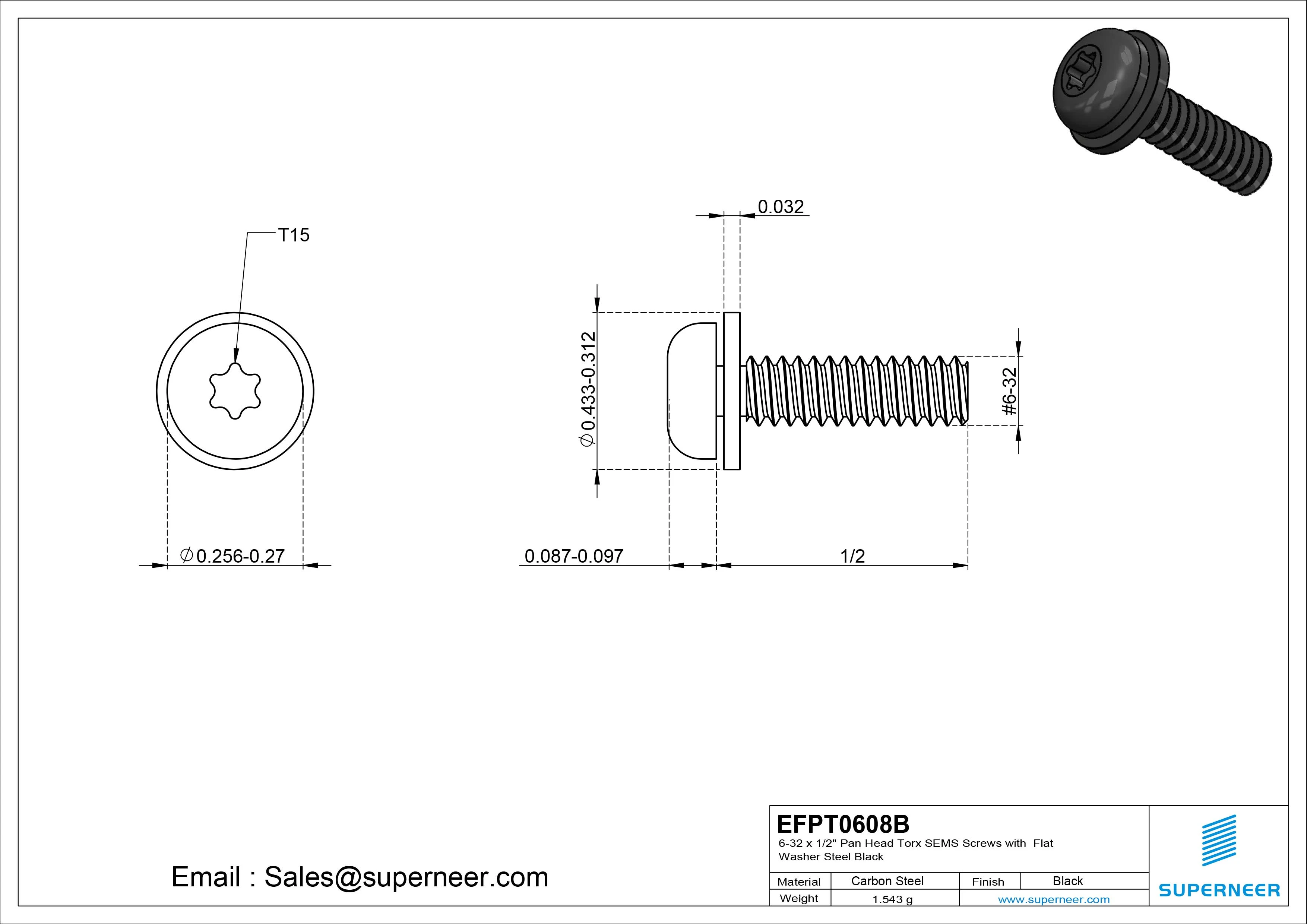 6-32 x 1/2" Pan Head Torx SEMS Screws with Flat Washer Steel Black