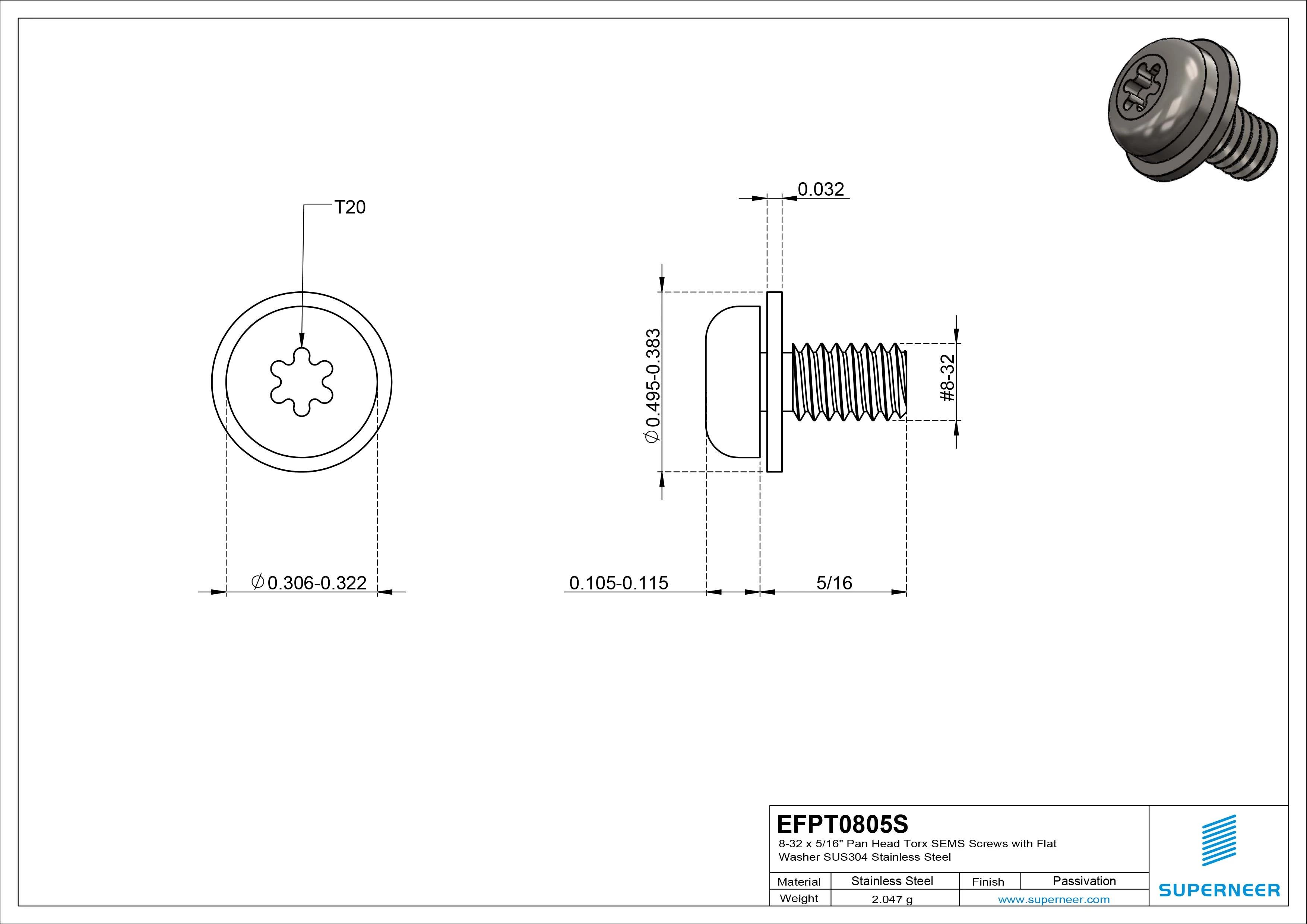 8-32 x 5/16" Pan Head Torx SEMS Screws with Flat Washer SUS304 Stainless Steel Inox