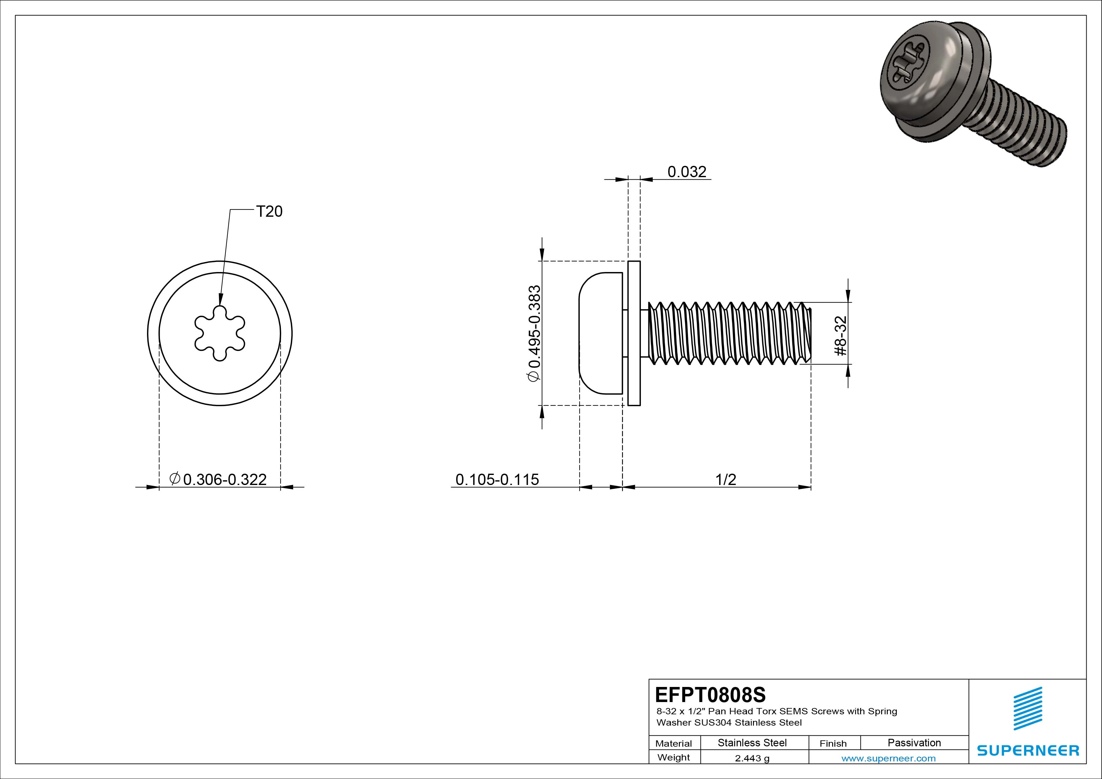 8-32 x 1/2" Pan Head Torx SEMS Screws with Flat Washer SUS304 Stainless Steel Inox