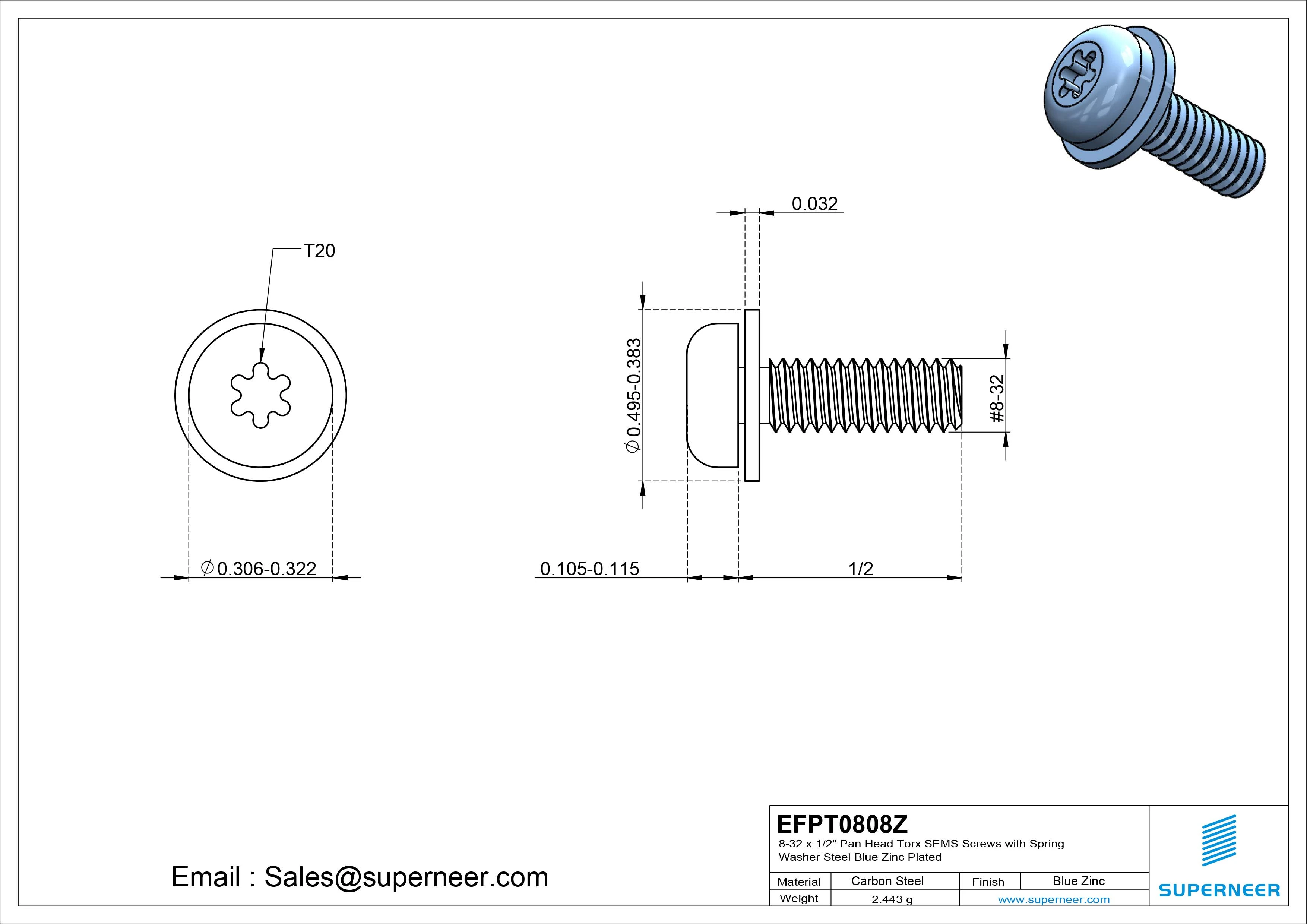 8-32 x 1/2" Pan Head Torx SEMS Screws with Flat Washer Steel Blue Zinc Plated