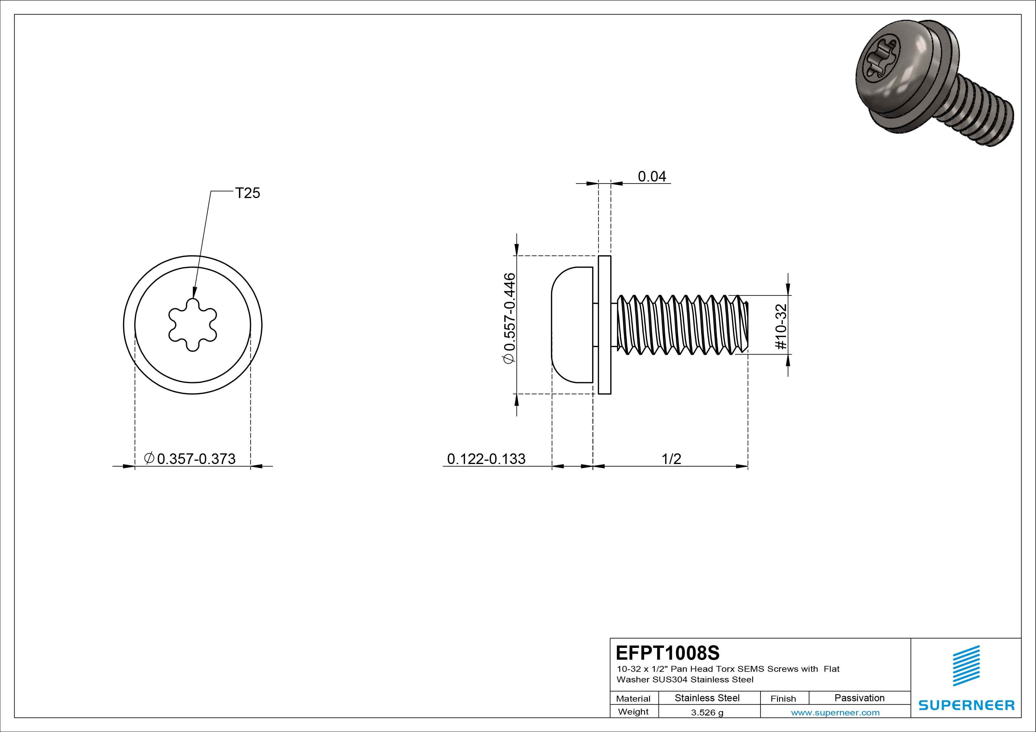 10-32 x 1/2" Pan Head Torx SEMS Screws with Flat Washer SUS304 Stainless Steel Inox