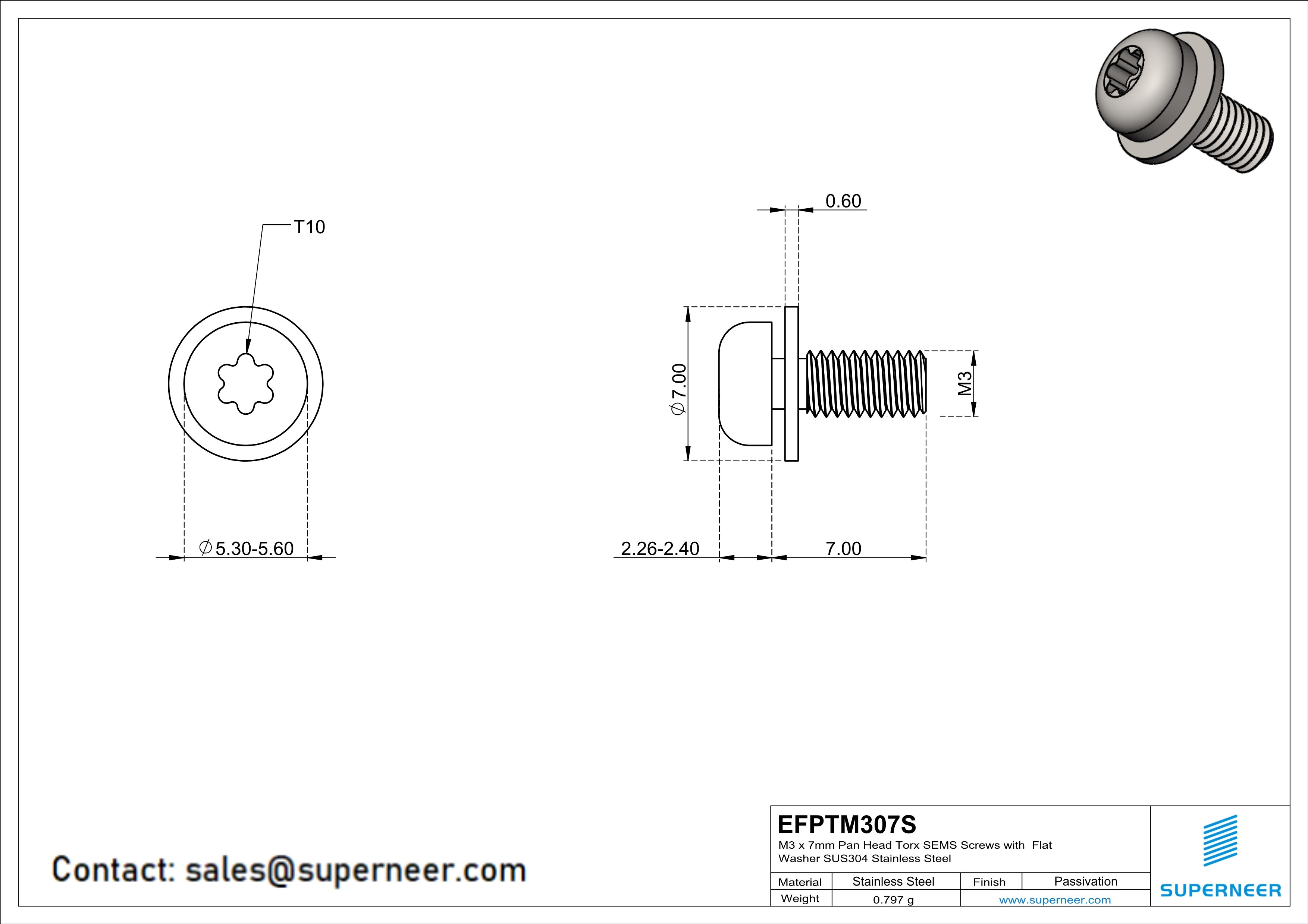 M3 x 7mm Pan Head Torx SEMS Screws with Flat Washer SUS304 Stainless Steel Inox