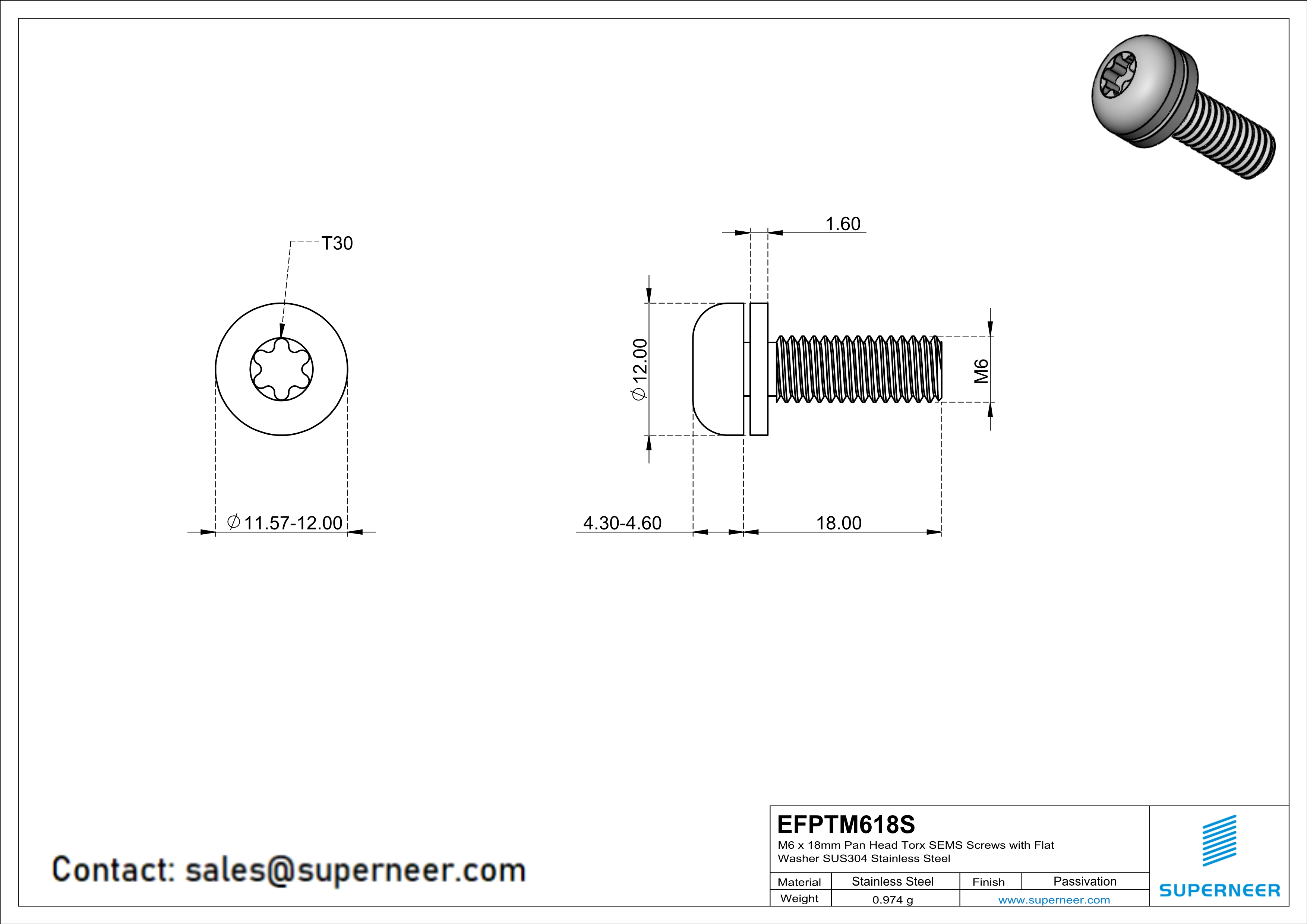 M6 x 18mm Pan Head Torx SEMS Screws with Flat Washer SUS304 Stainless Steel Inox