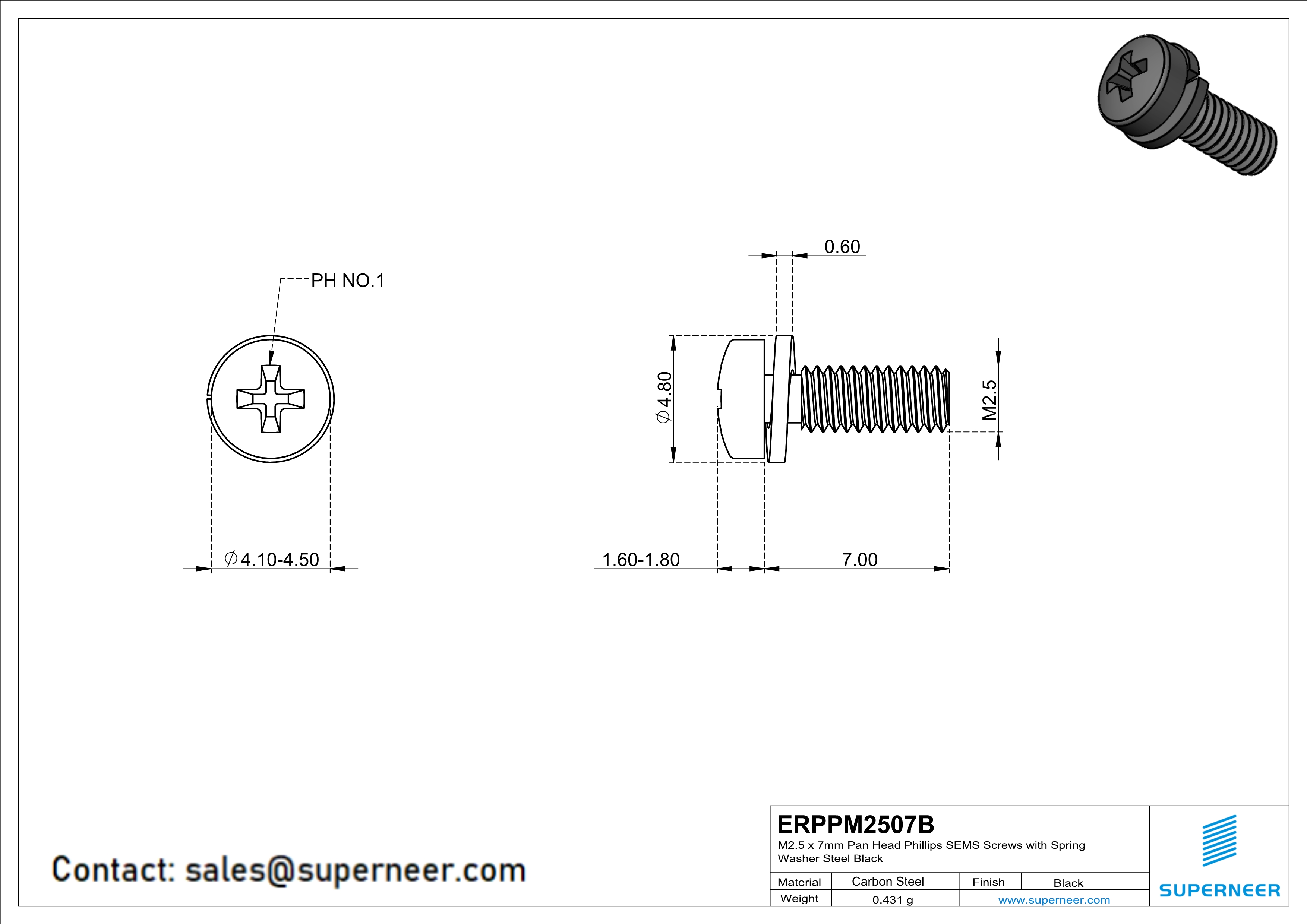 M2.5 x 7mm Pan Head Phillips SEMS Screws with Spring Washer Steel Black