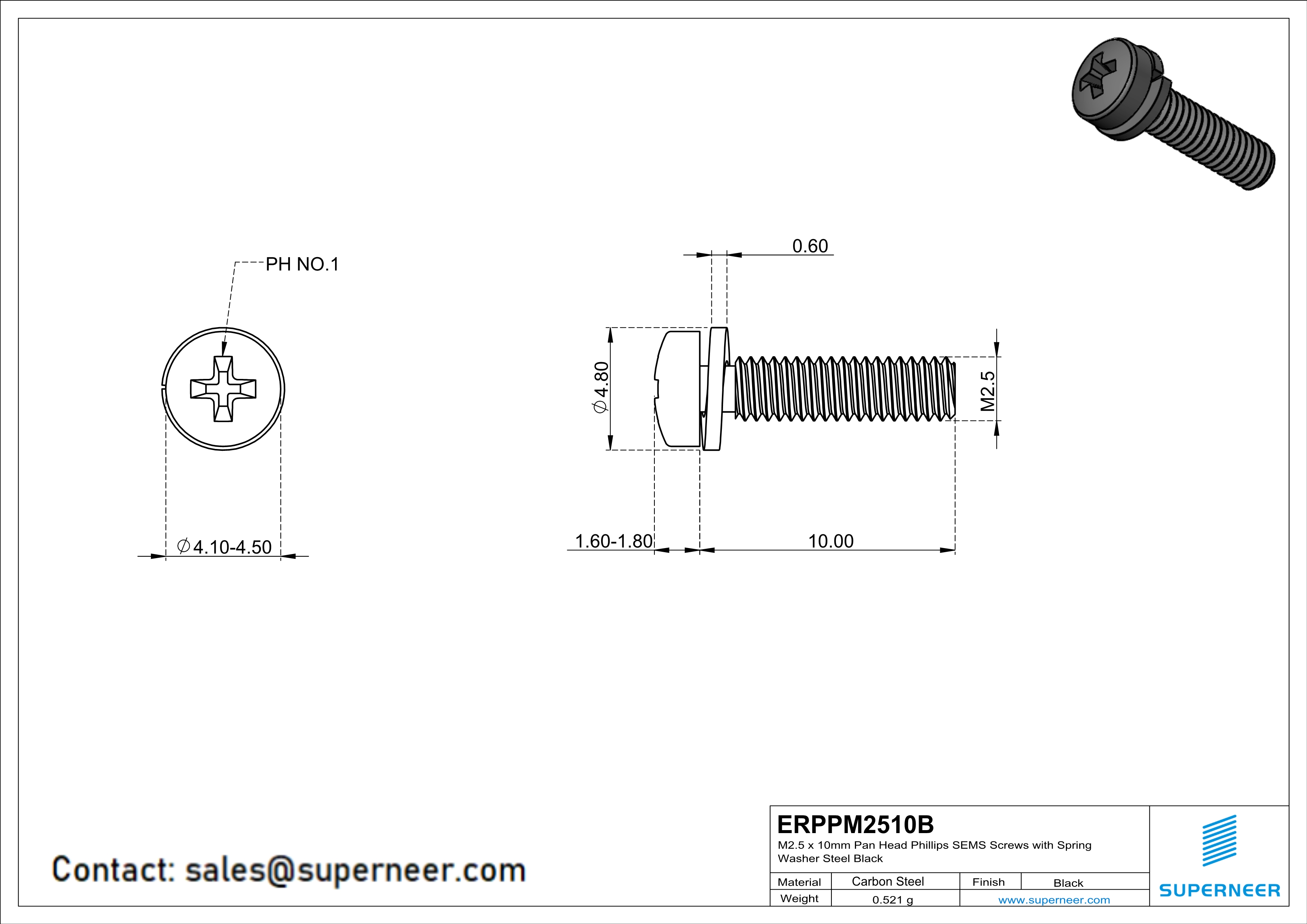 M2.5 x 10mm Pan Head Phillips SEMS Screws with Spring Washer Steel Black