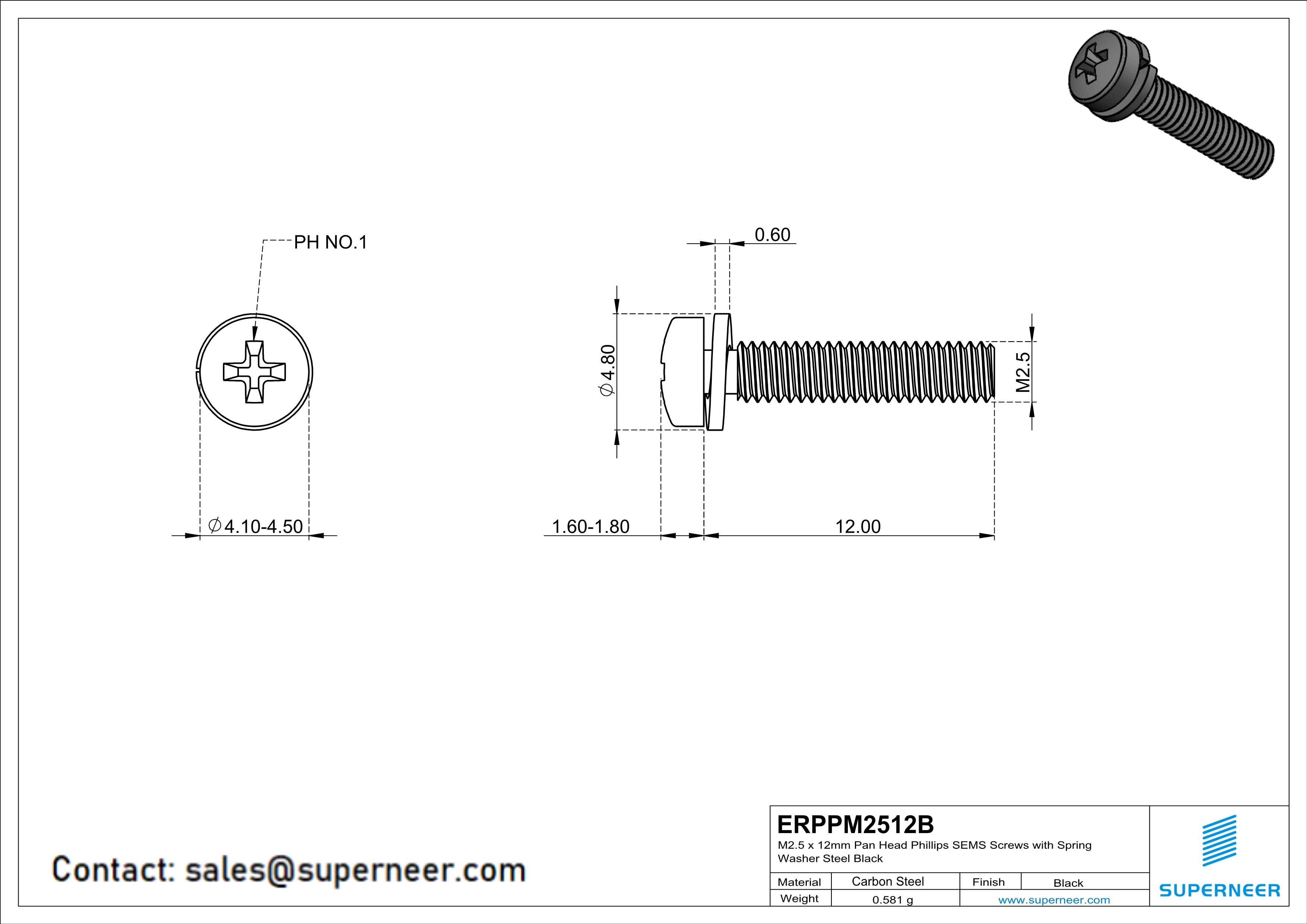 M2.5 x 12mm Pan Head Phillips SEMS Screws with Spring Washer Steel Black