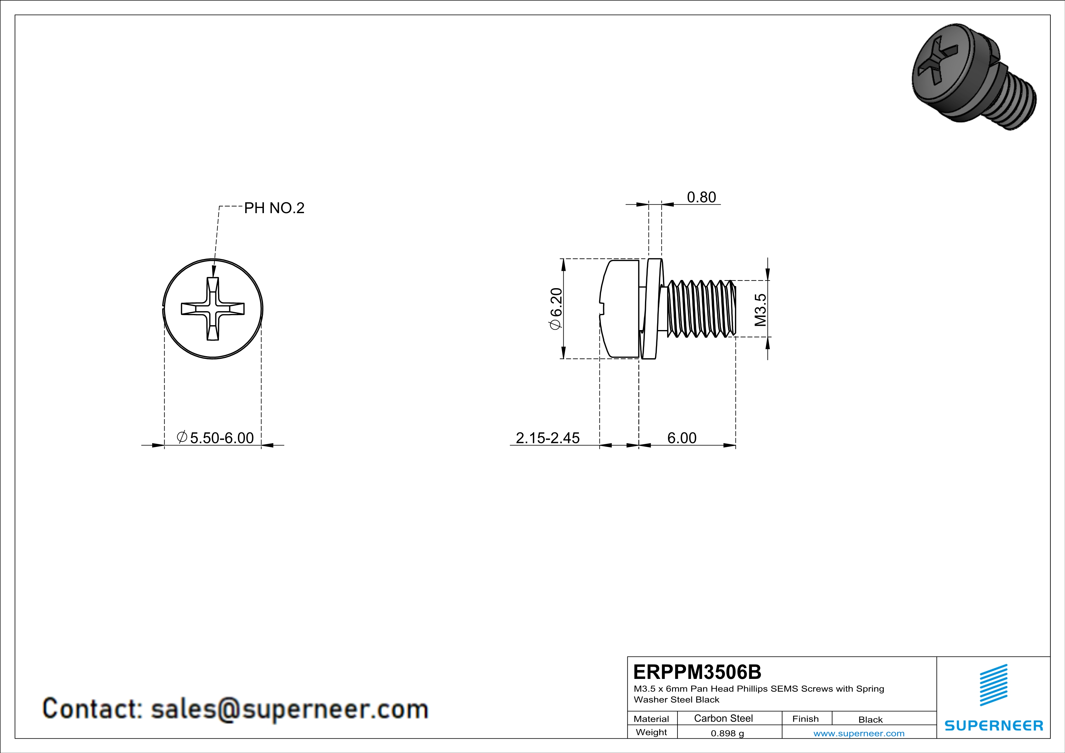 M3.5 x 6mm Pan Head Phillips SEMS Screws with Spring Washer Steel Black