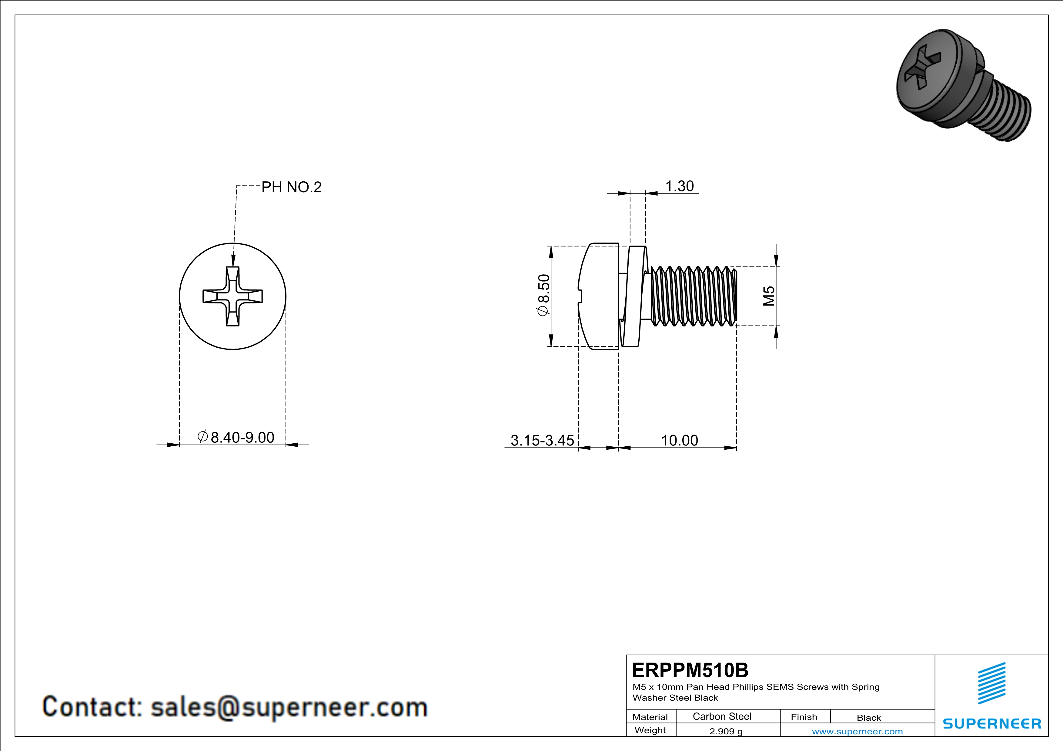 M5 x 10mm Pan Head Phillips SEMS Screws with Spring Washer Steel Black